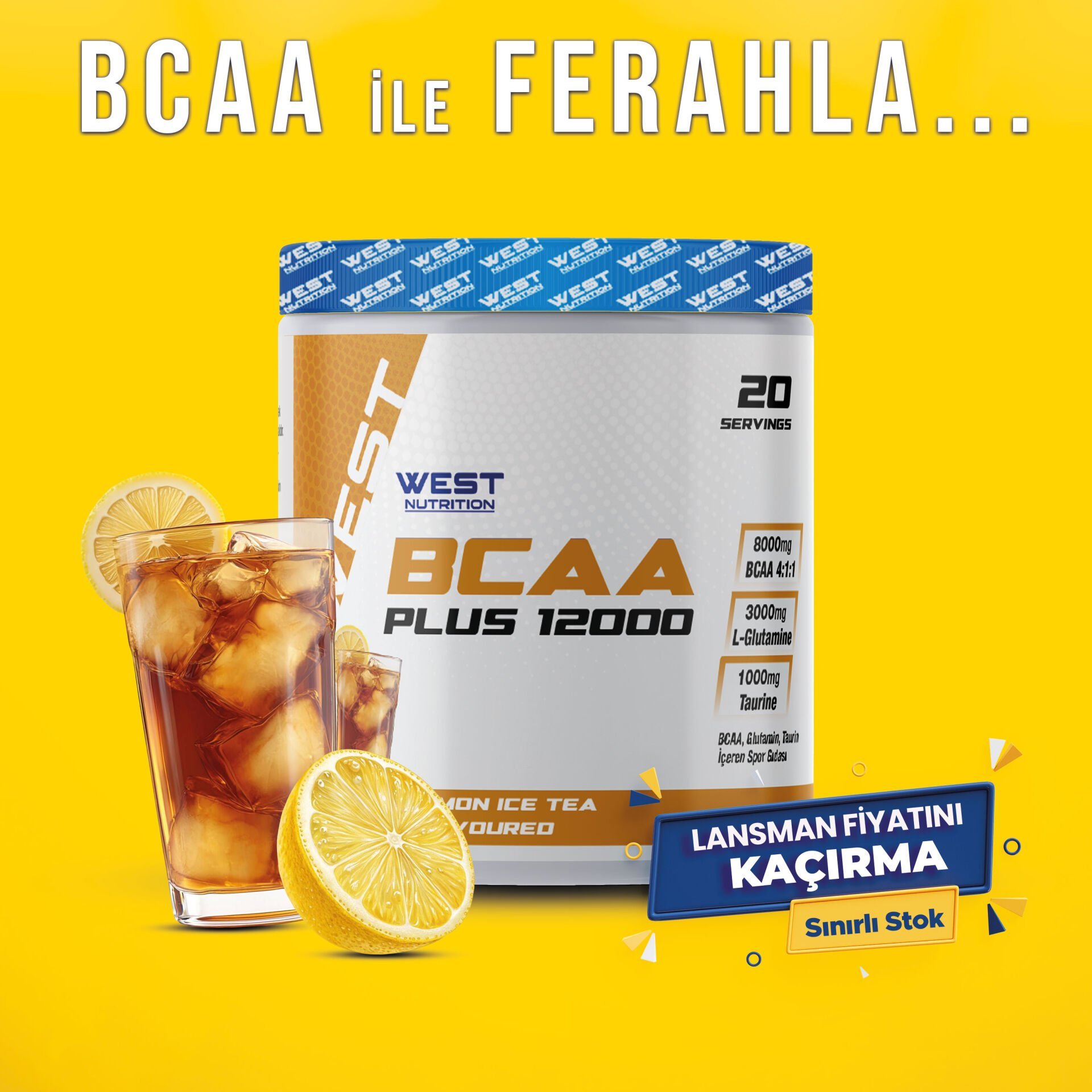 Bcaa Plus 12000 Glutamin Taurin 300 gr (20 Servis) İce Tea Limon