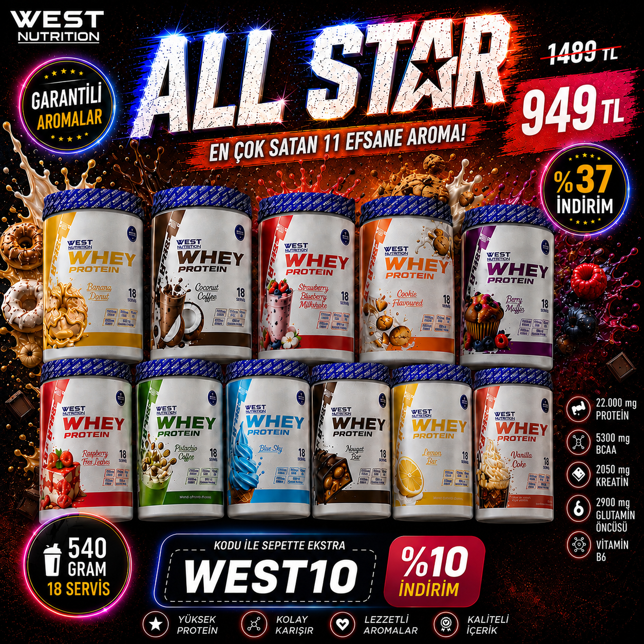 Whey Protein Tozu 540 gr 18 Servis ALL STAR