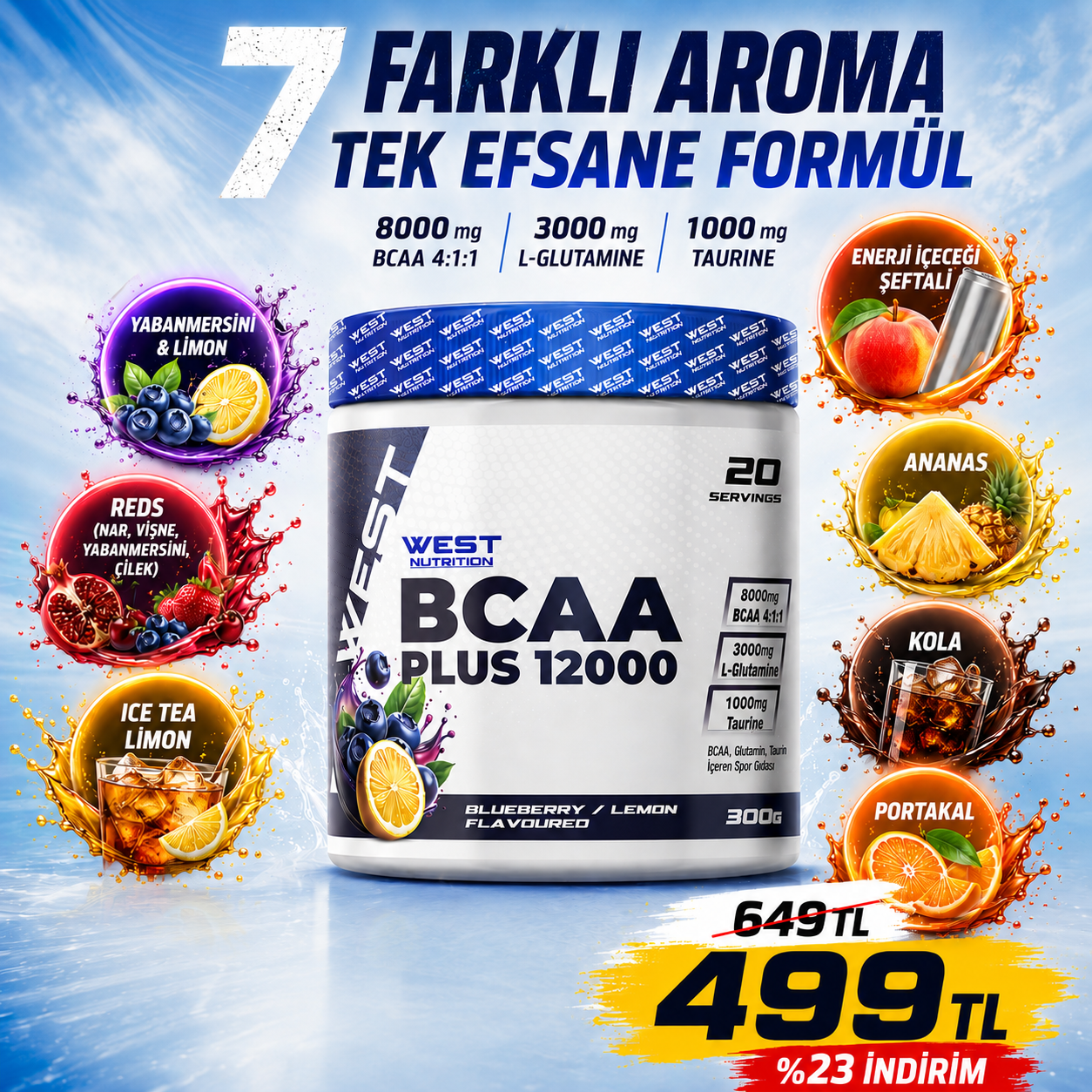 Bcaa Plus 12000 Glutamin Taurin 300 gr (20 Servis) Aroma Seçenekli