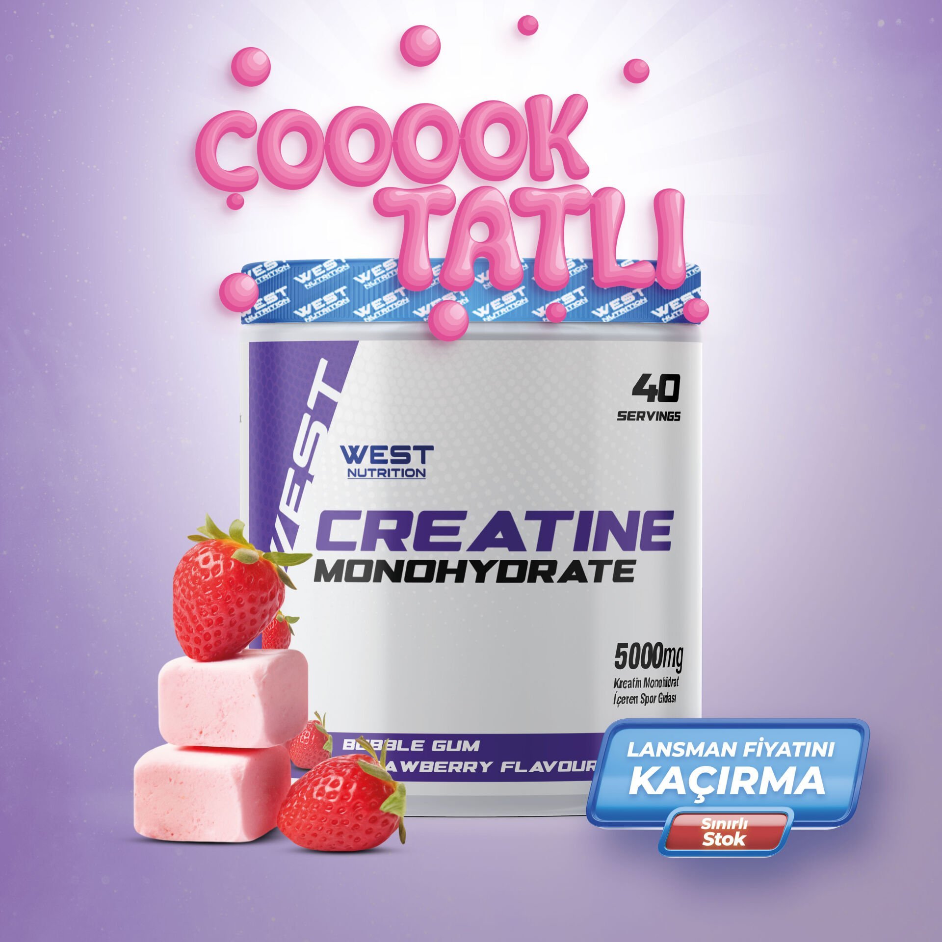 Kreatin Monohidrat 240 gr 40 Servis Bubble Gum & Çilek
