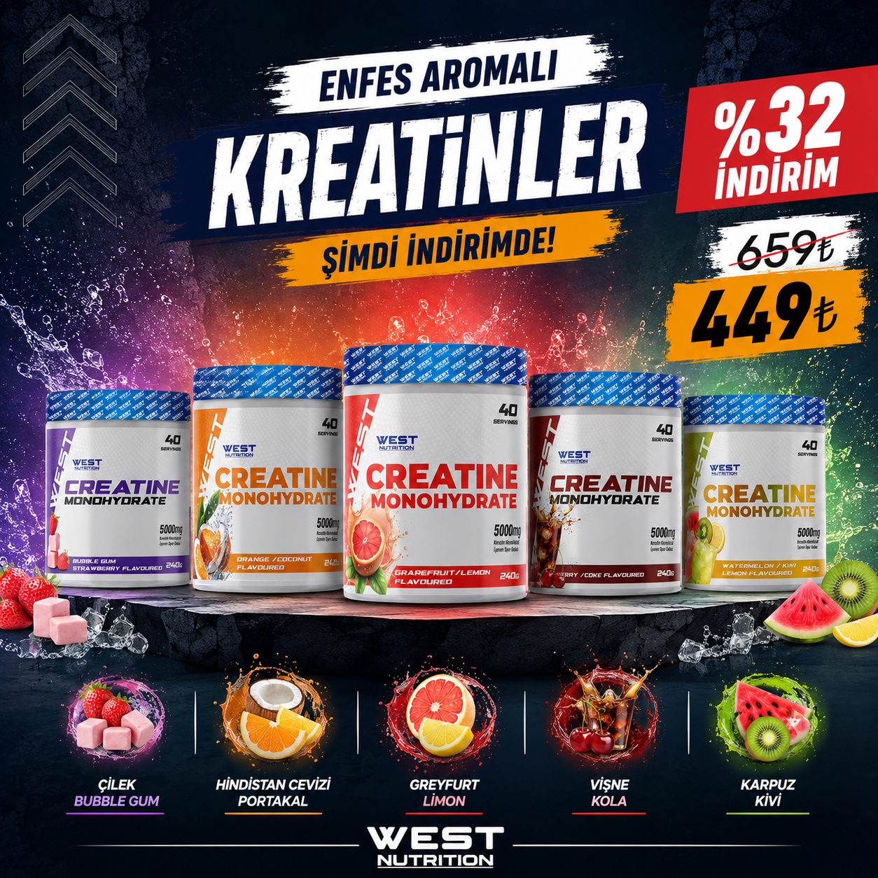 Kreatin Monohidrat 240 gr 40 Servis Aroma Seçenekli