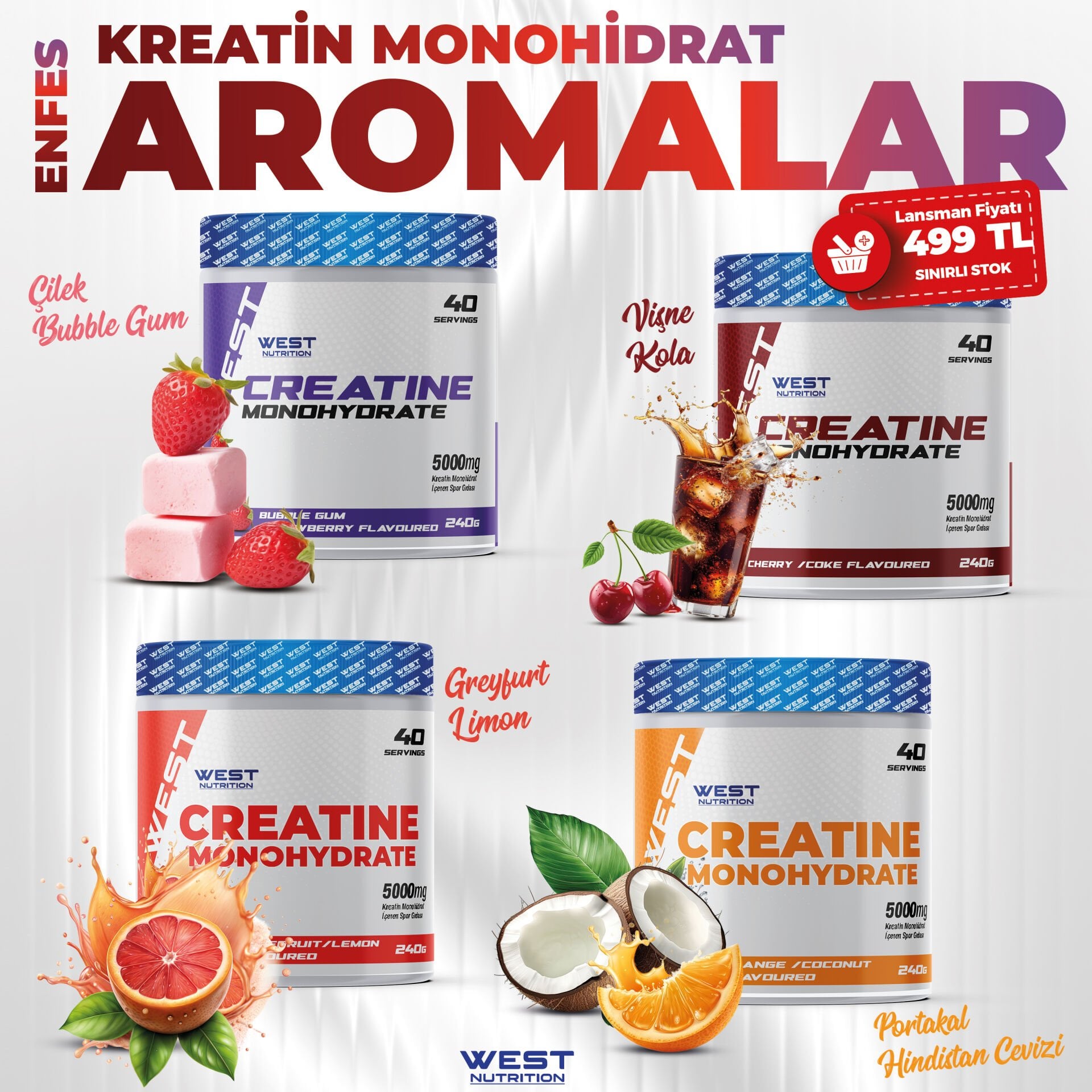 Kreatin Monohidrat 240 gr 40 Servis Aroma Seçenekli