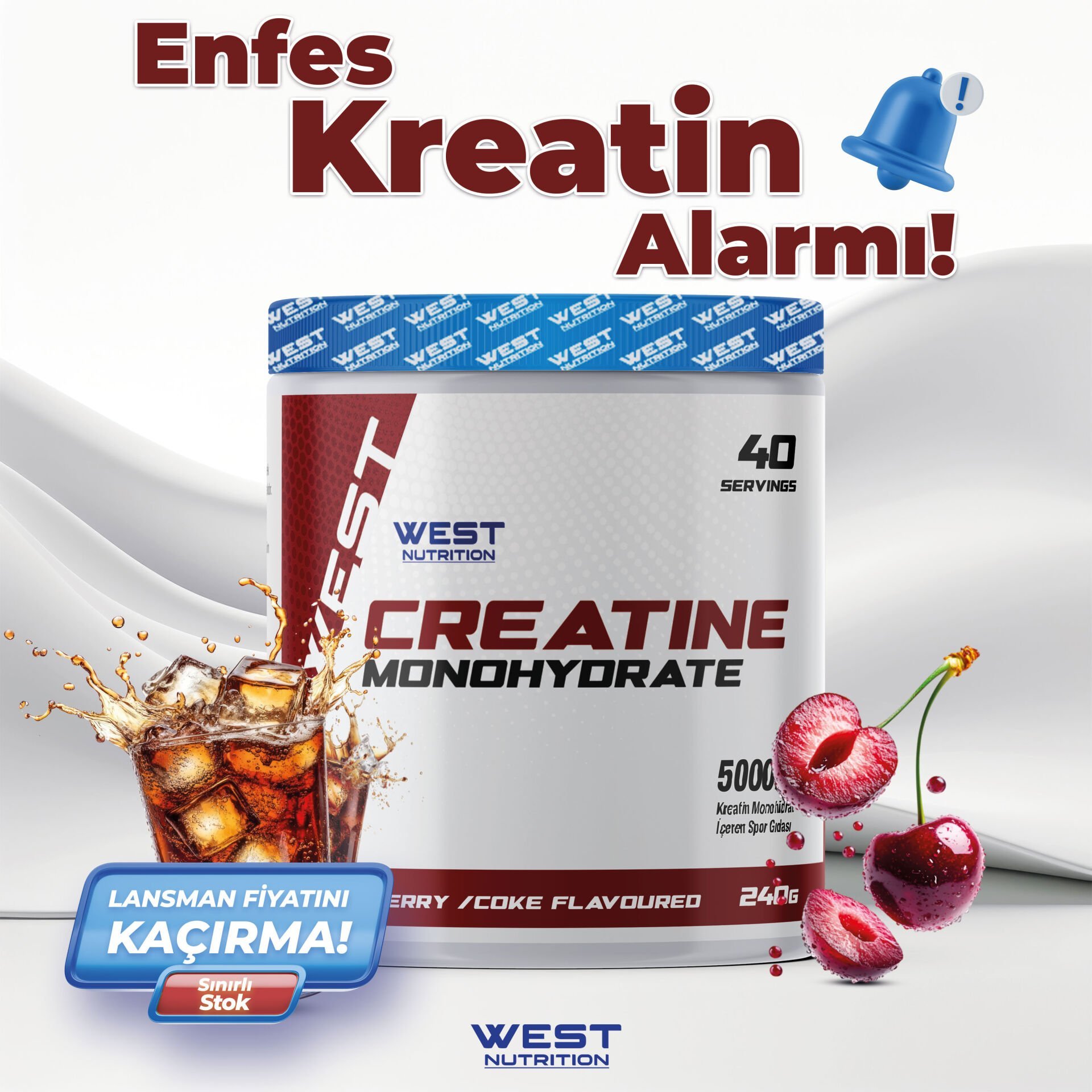 Kreatin Monohidrat 240 gr 40 Servis Vişne & Kola
