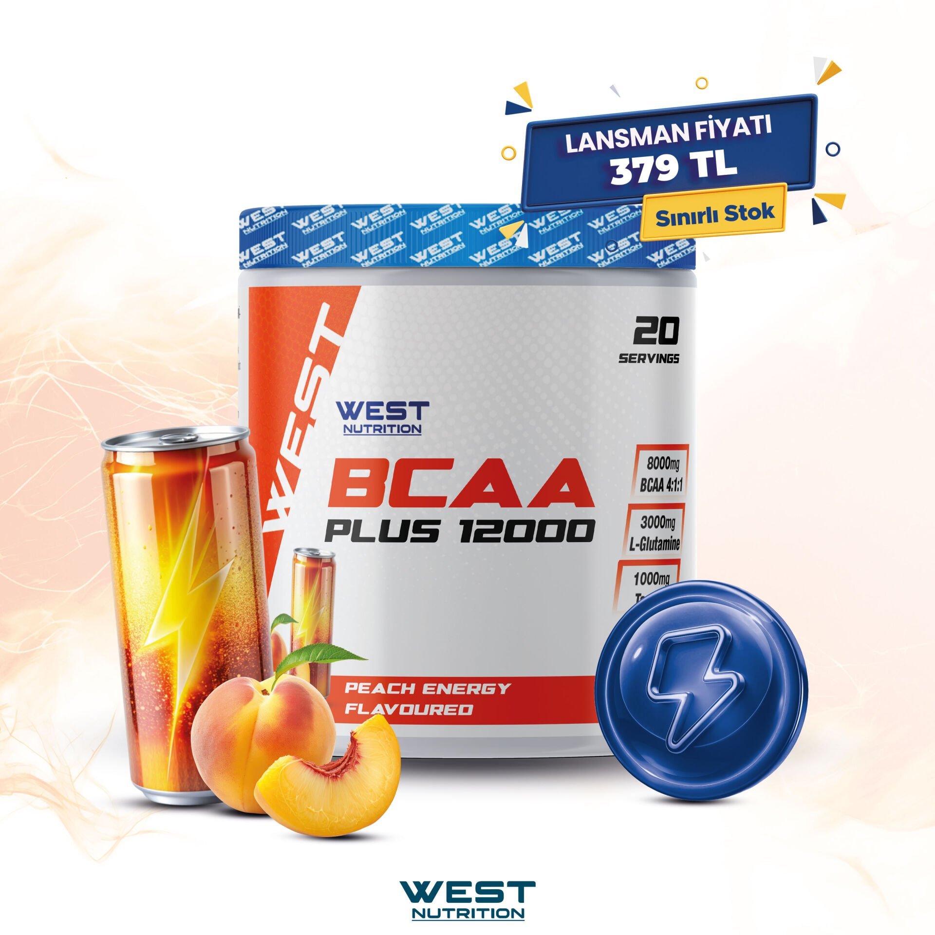 Bcaa Plus 12000 Glutamin Taurin 300 gr (20 Servis) Enerji İçeceği Şeftali
