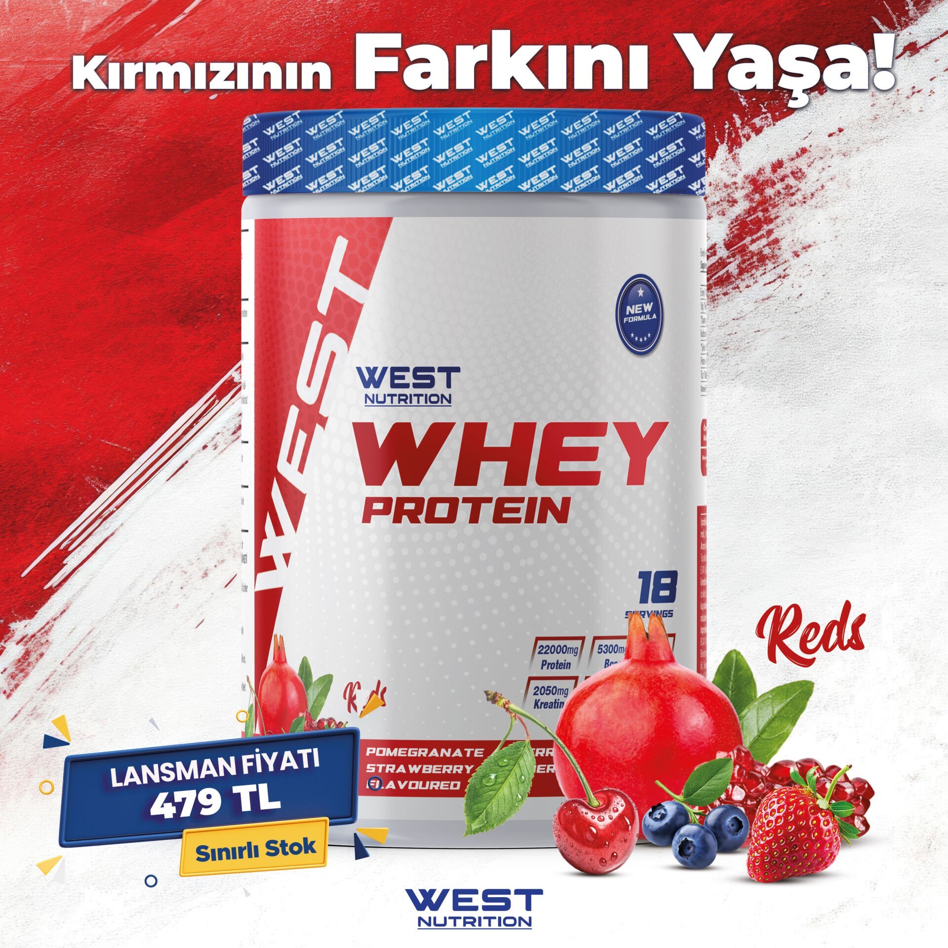 Whey Protein Tozu 540 gr 18 Servis Reds Nar&Vişne&Çilek