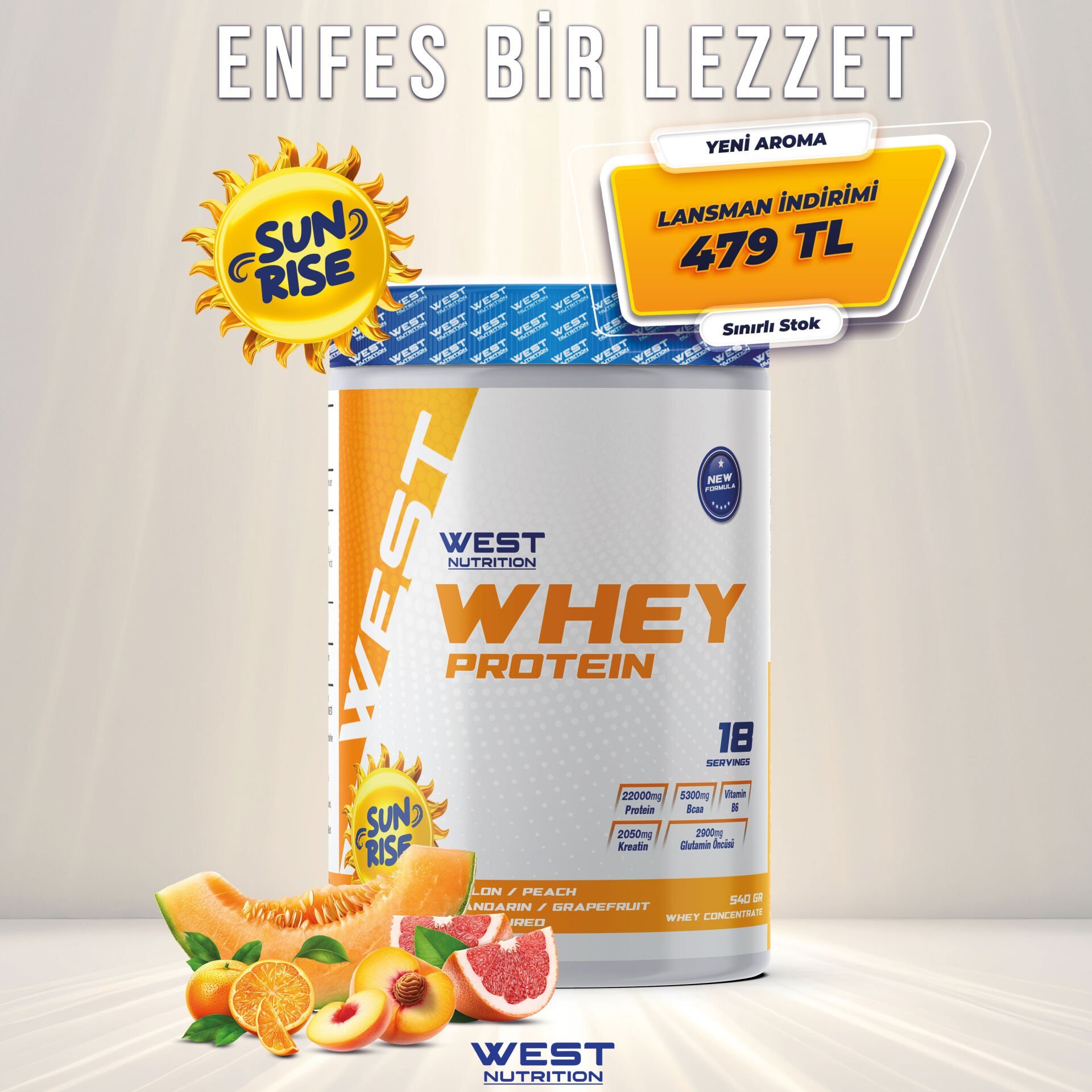 Whey Protein Tozu 540 gr 18 Servis Sunrise Kavun Mandalin Greyfurt Şeftali