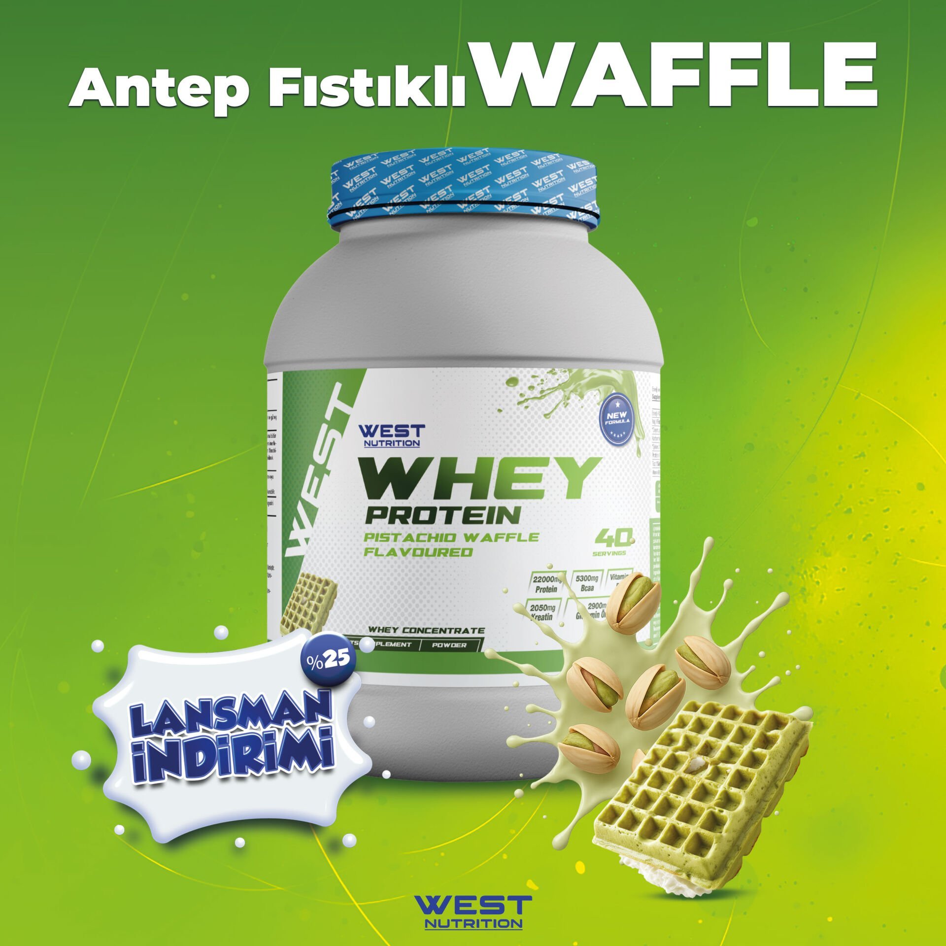 Whey Protein Tozu 1200 gram 40 Servis Antep Fıstıklı Waffle Aromalı