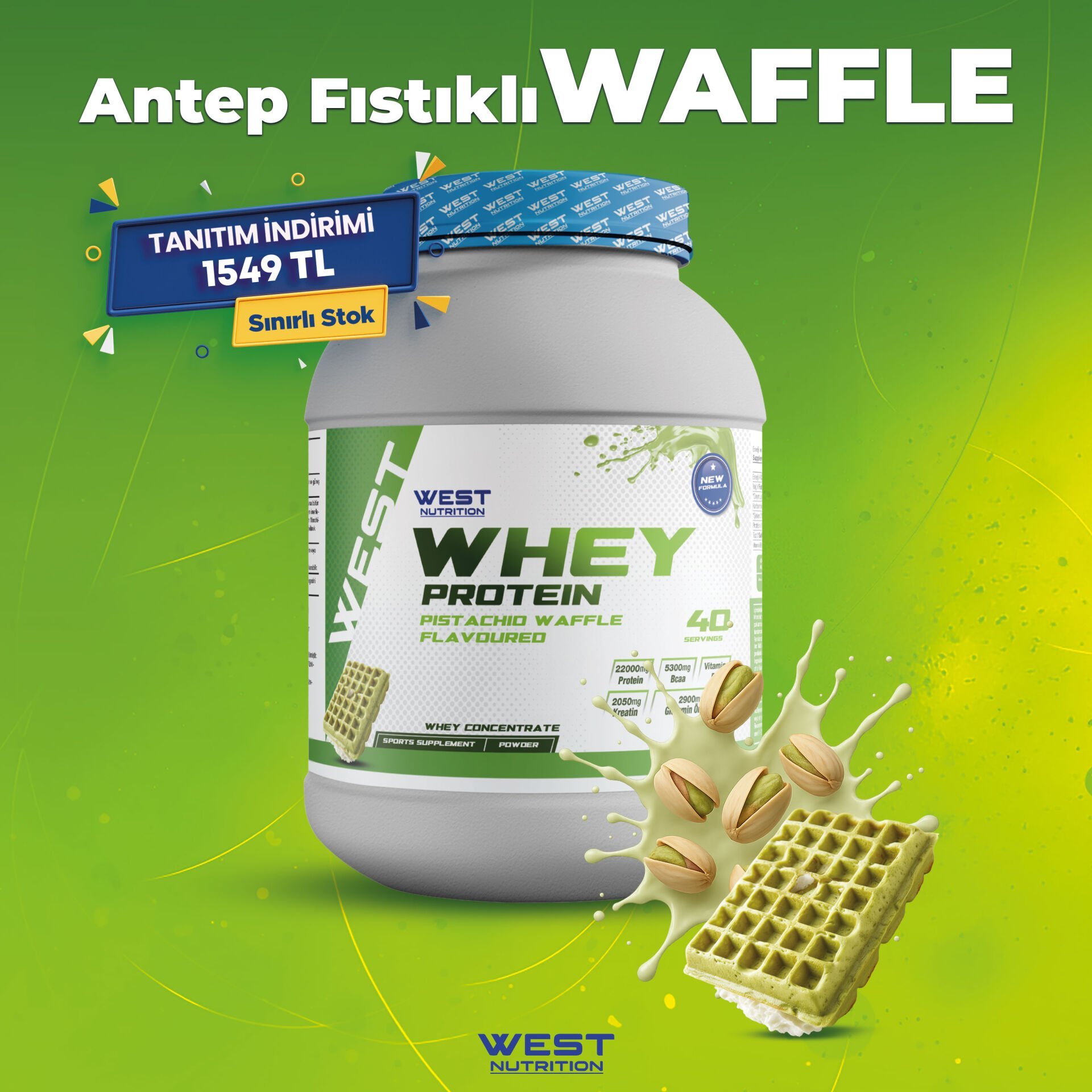 Whey Protein Tozu 1200 gram 40 Servis Antep Fıstıklı Waffle Aromalı