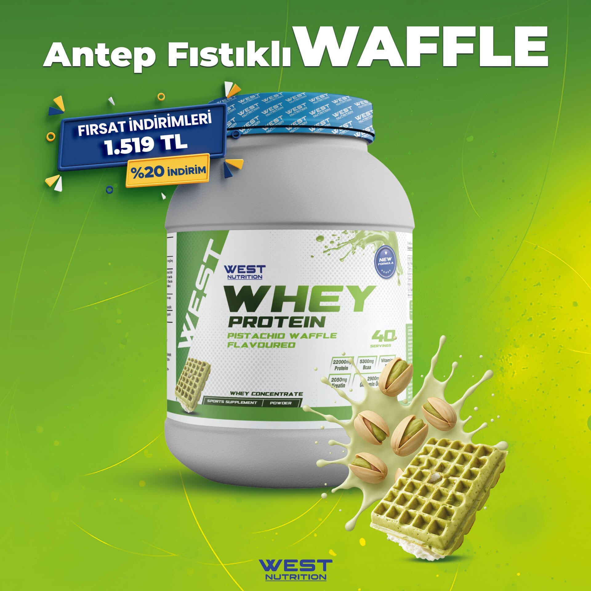 Whey Protein Tozu 1200 gram 40 Servis Antep Fıstıklı Waffle Aromalı