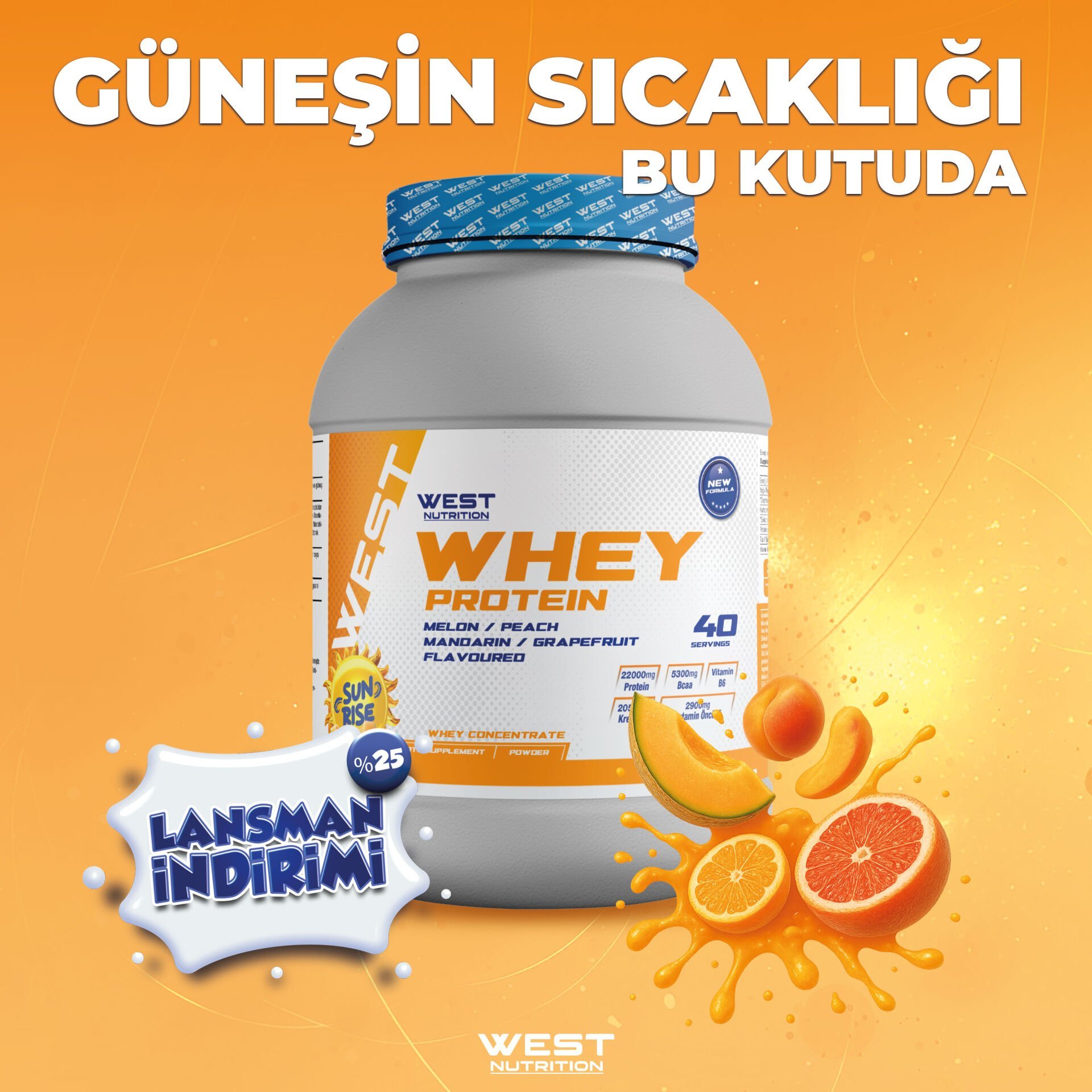Whey Protein Tozu 1200 gram 40 Servis SUNRISE Kavun Mandalina Greyfurt Şeftali Aromalı