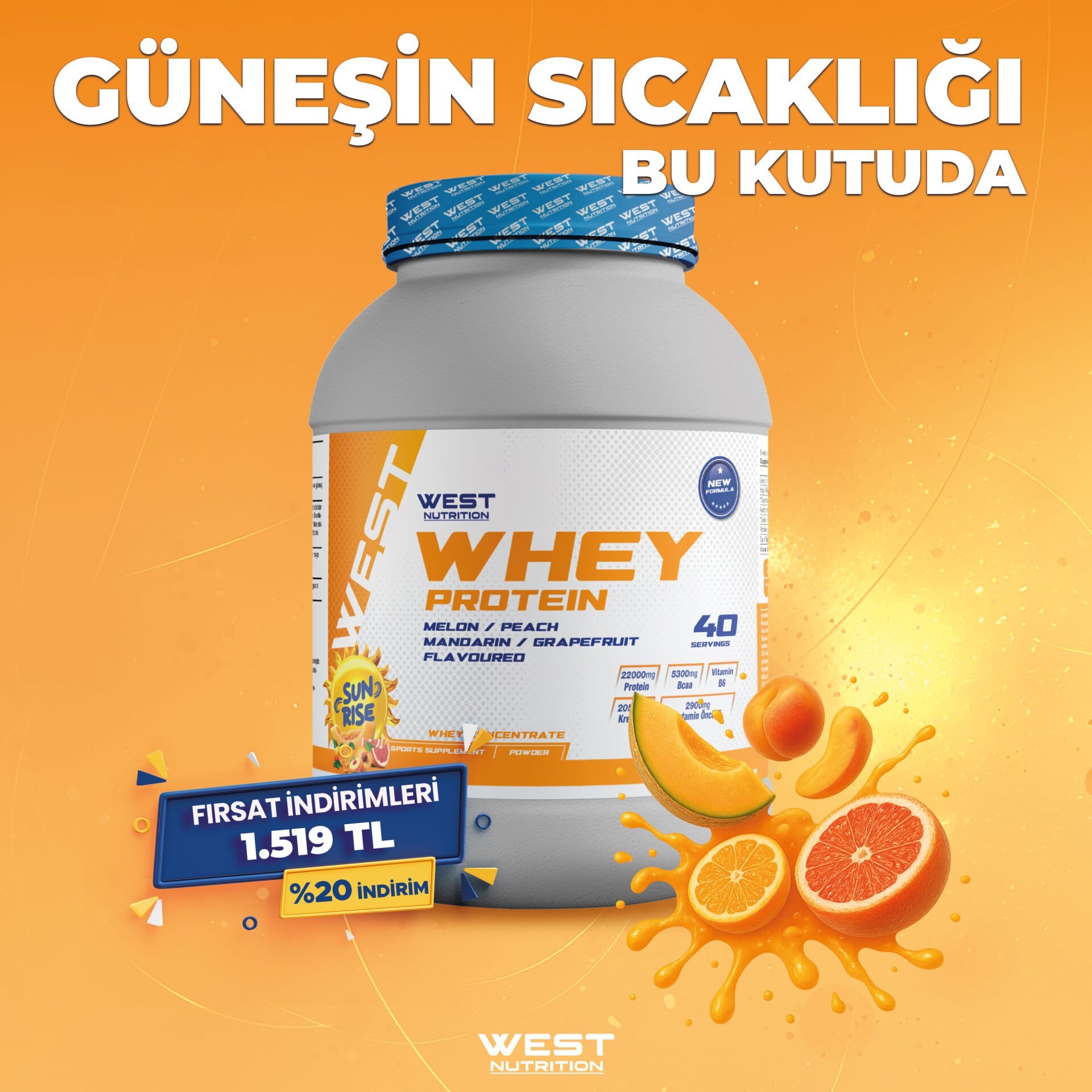 Whey Protein Tozu 1200 gram 40 Servis SUNRISE Kavun Mandalina Greyfurt Şeftali Aromalı