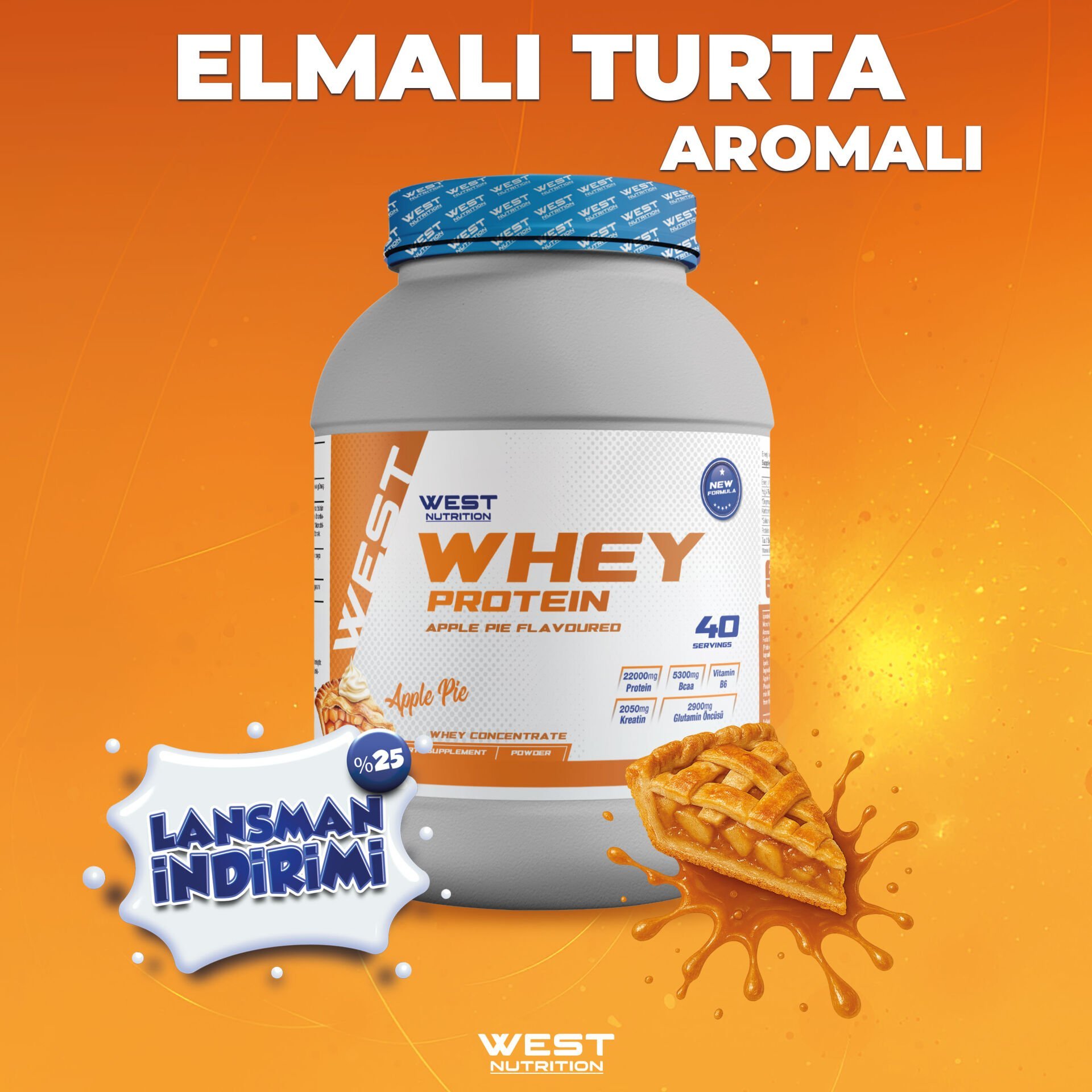 Whey Protein Tozu 1200 gram 40 Servis Apple Pie Elmalı Turta  Aromalı