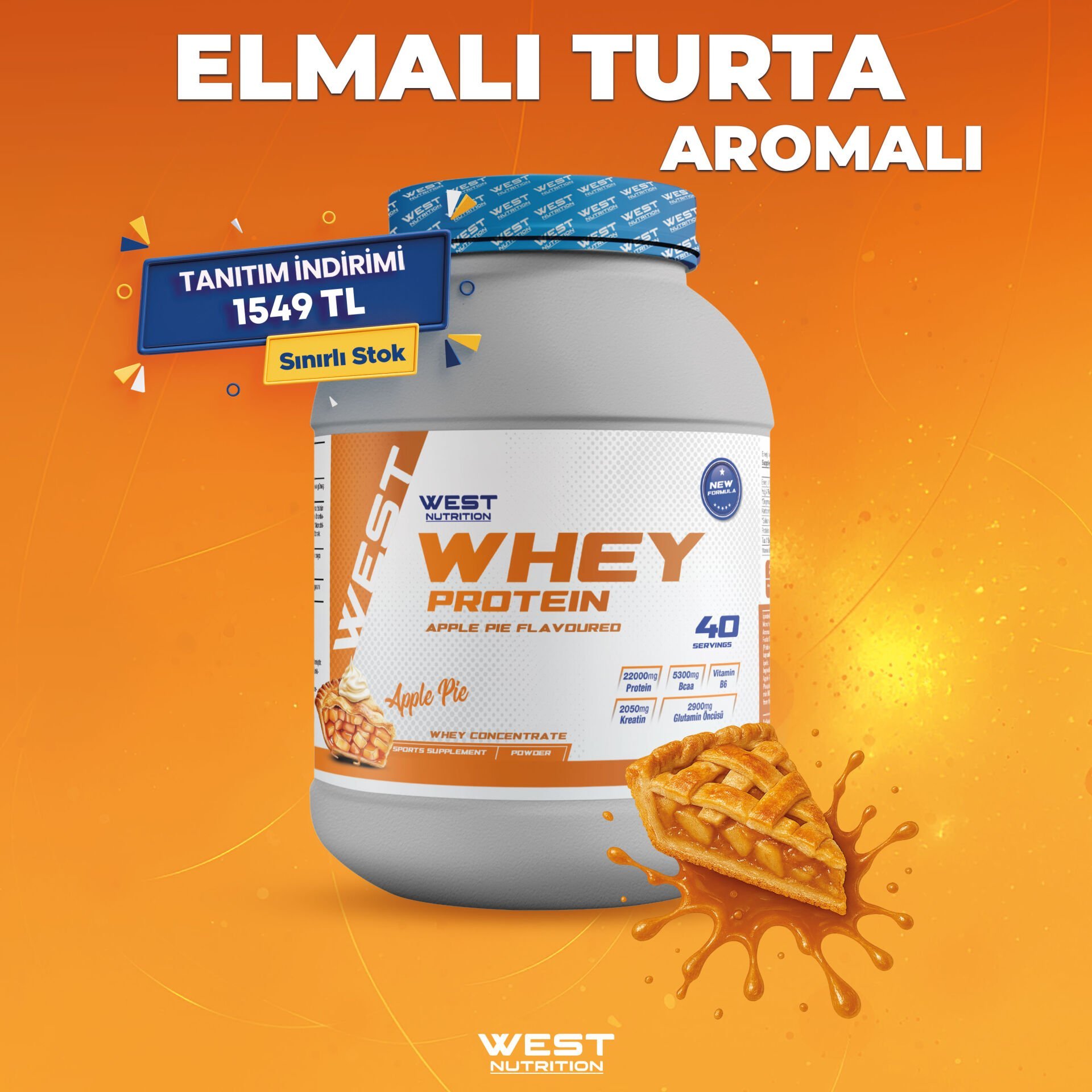 Whey Protein Tozu 1200 gram 40 Servis Apple Pie Elmalı Turta  Aromalı