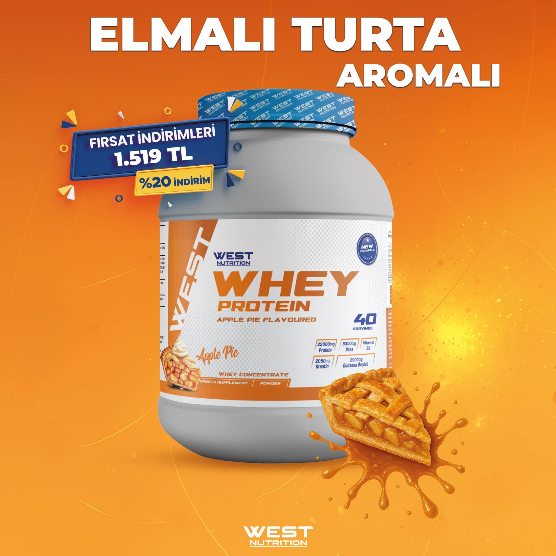 Whey Protein Tozu 1200 gram 40 Servis Apple Pie Elmalı Turta  Aromalı