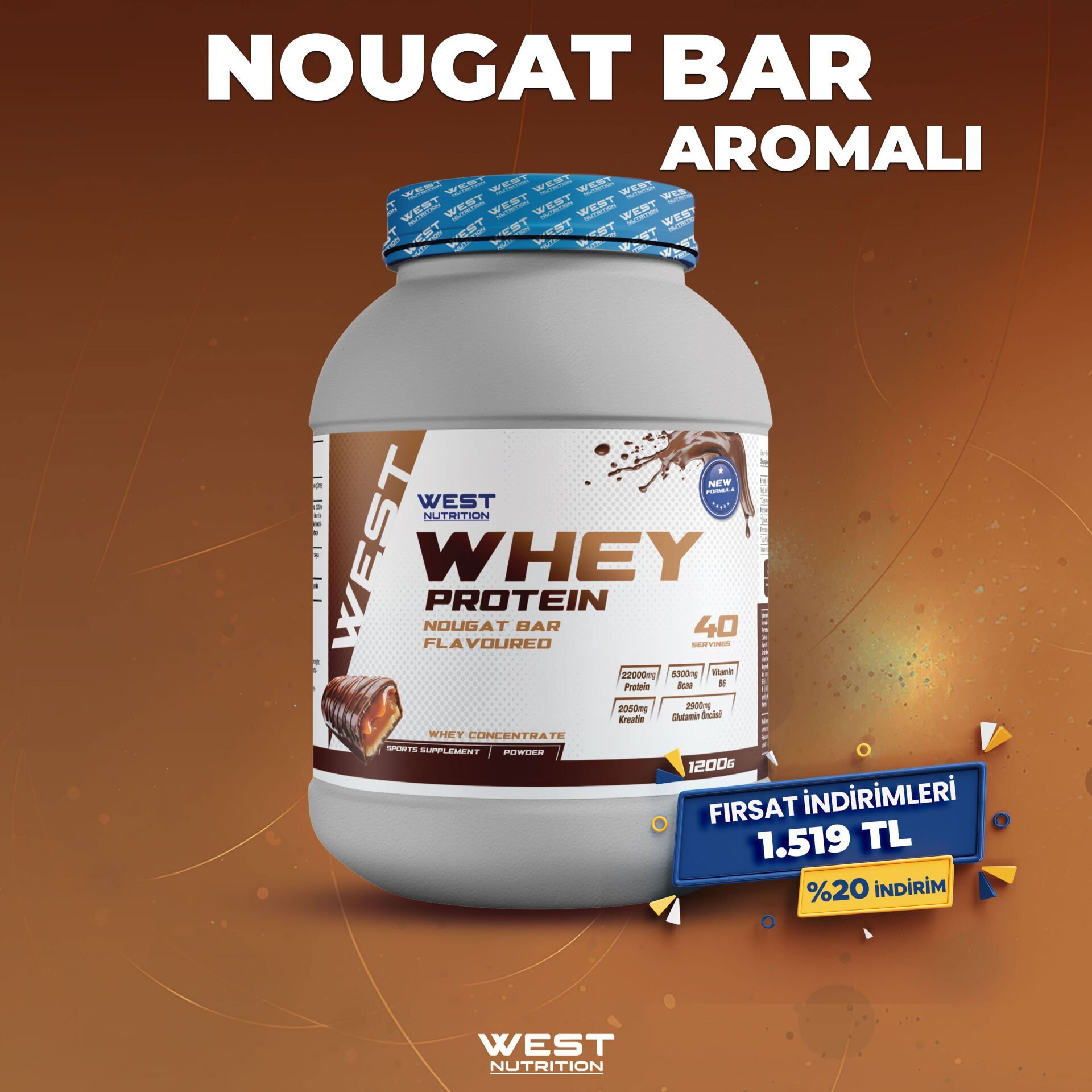 Whey Protein Tozu 1200 gram 40 Servis Nougat Bar Aromalı