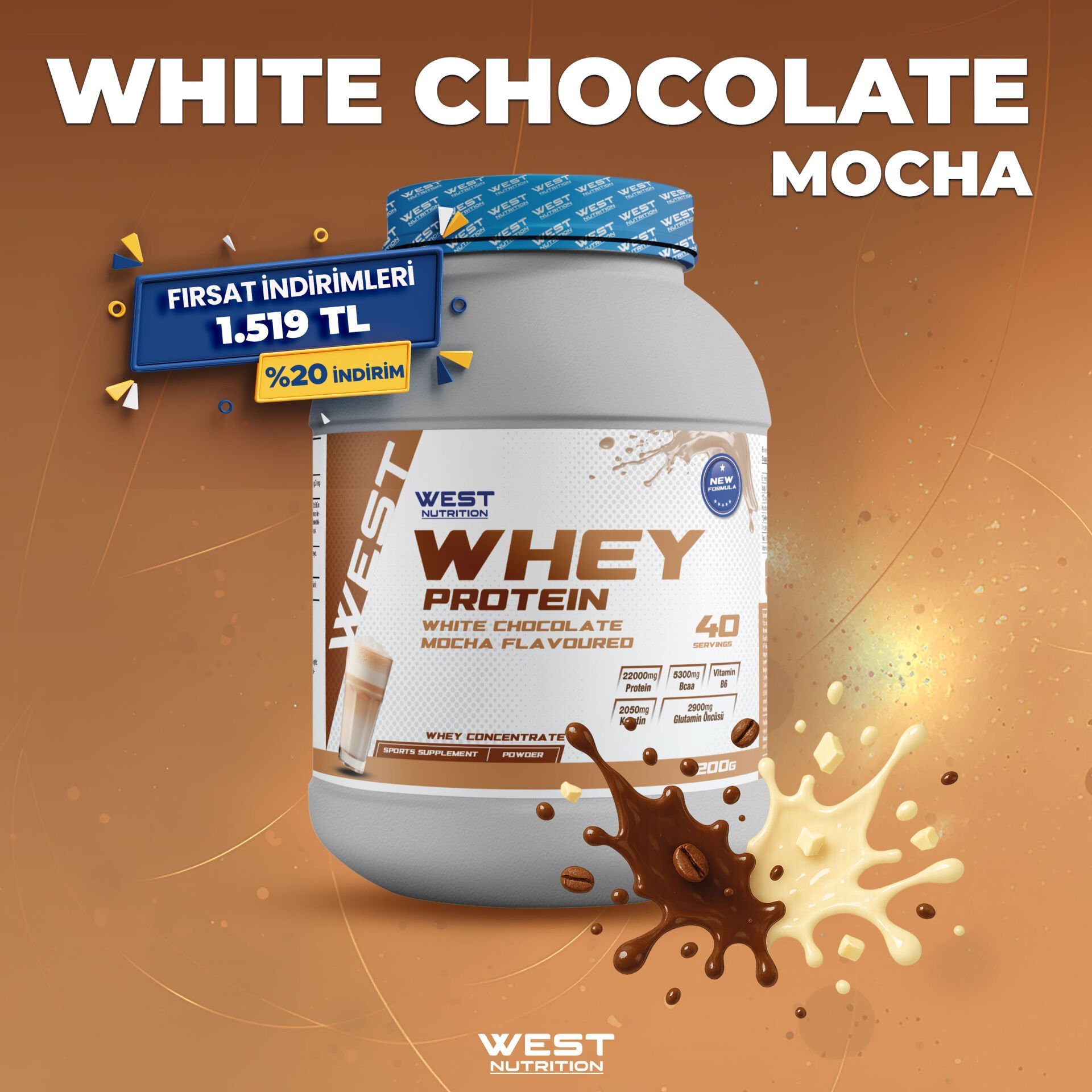 Whey Protein Tozu 1200 gram 40 Servis White Chocolate Mocha Aromalı
