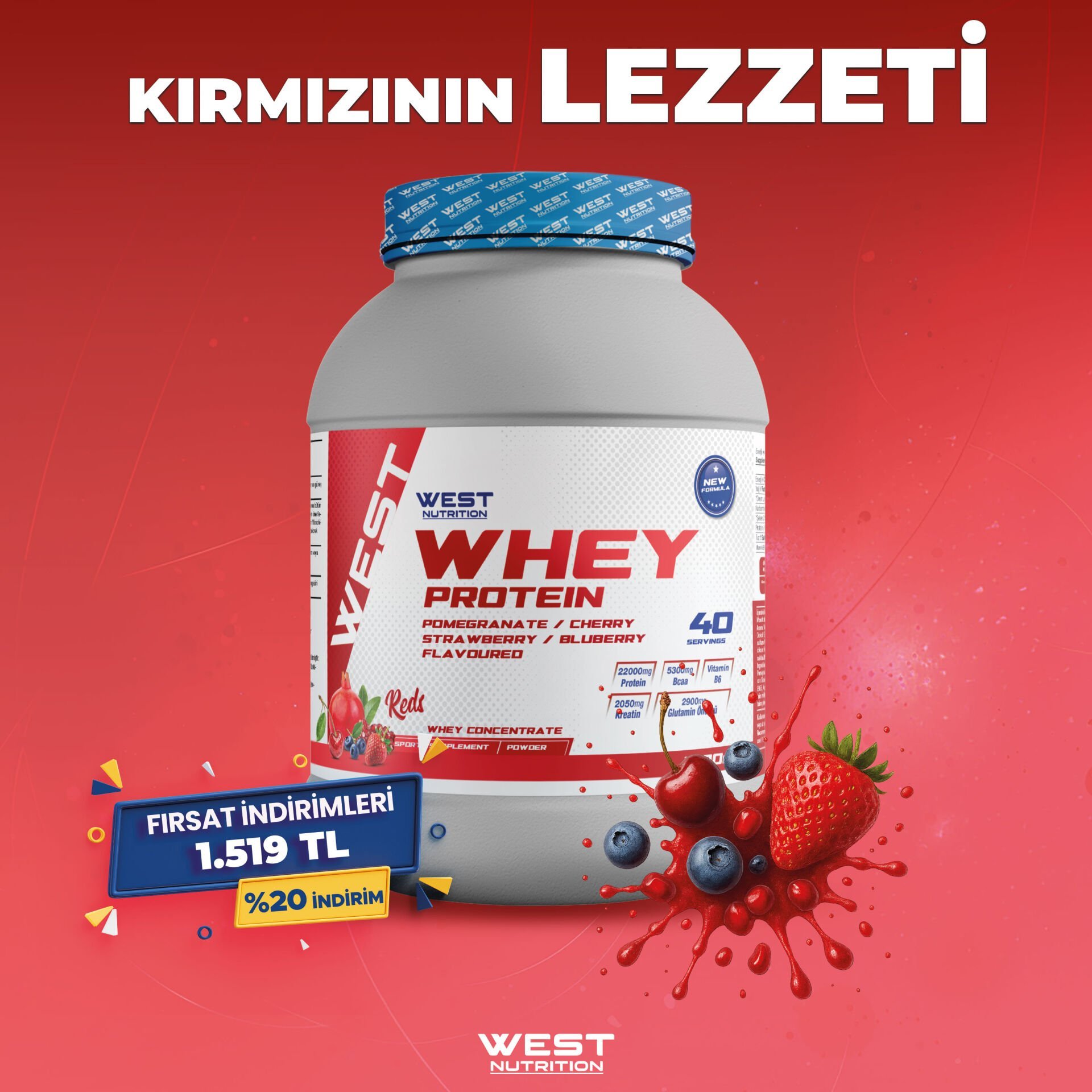 Whey Protein Tozu 1200 gram 40 Servis REDS Nar Vişne Yabanmersini Çilek Aromalı