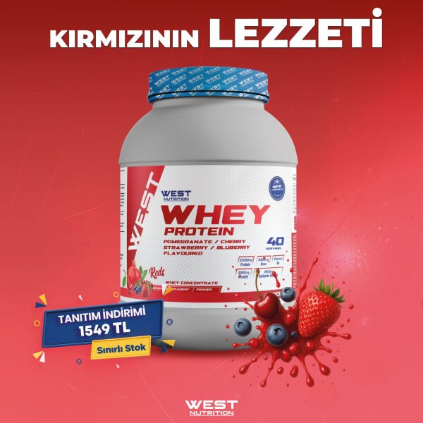 Whey Protein Tozu 1200 gram 40 Servis REDS Nar Vişne Yabanmersini Çilek Aromalı