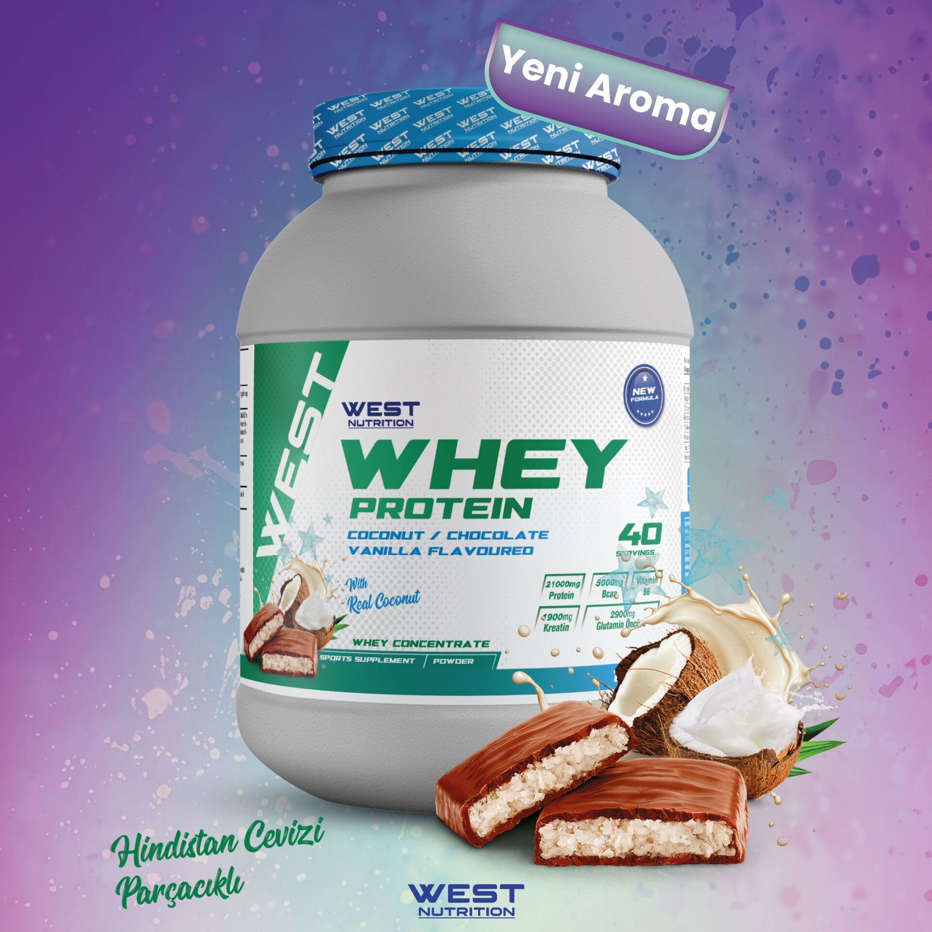 Whey Protein Tozu 1200 gram 40 Servis Hindistan Cevizi&Çikolata Aromalı Parçacıklı