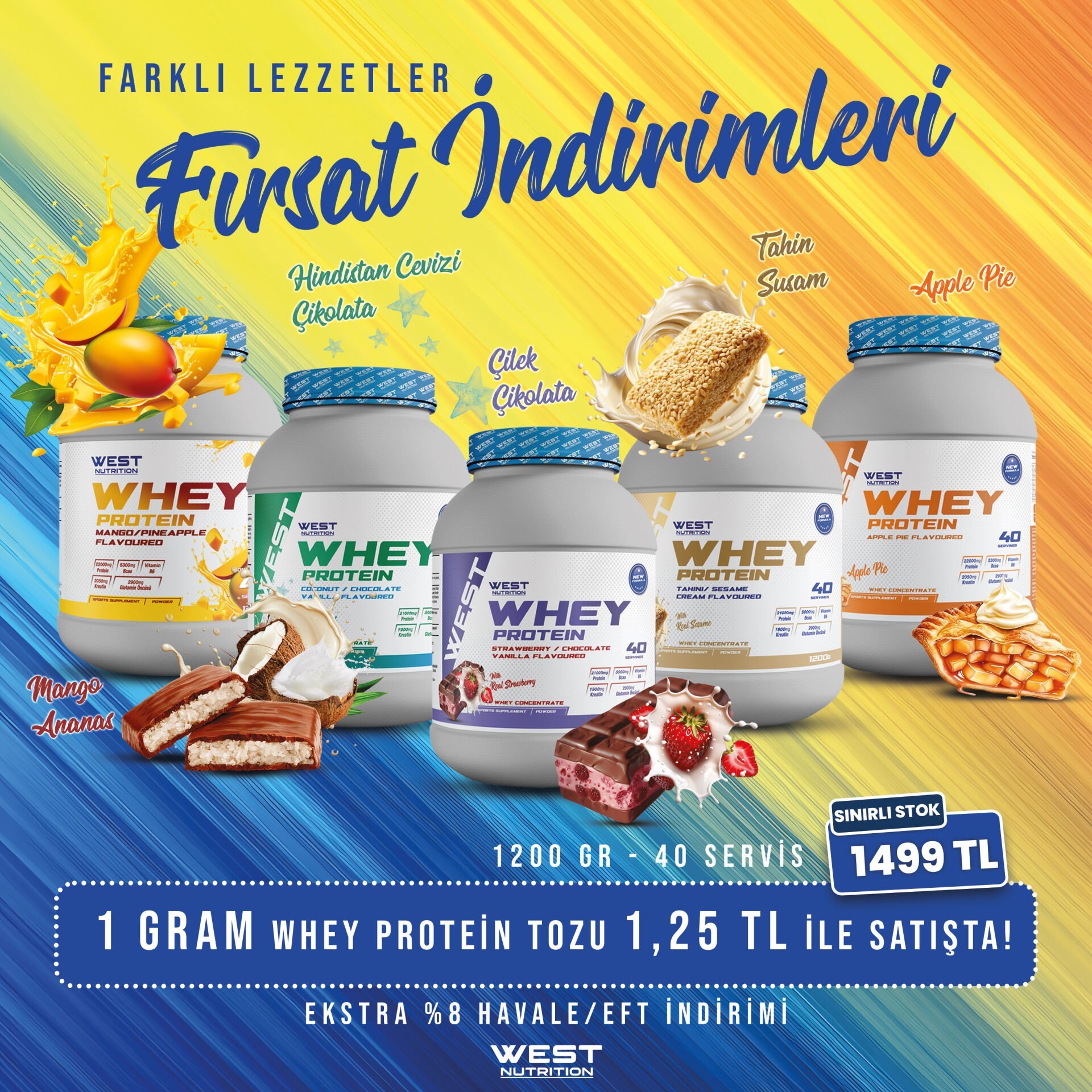 Whey Protein Tozu 1200 gram 40 Servis Fırsat İndirimleri