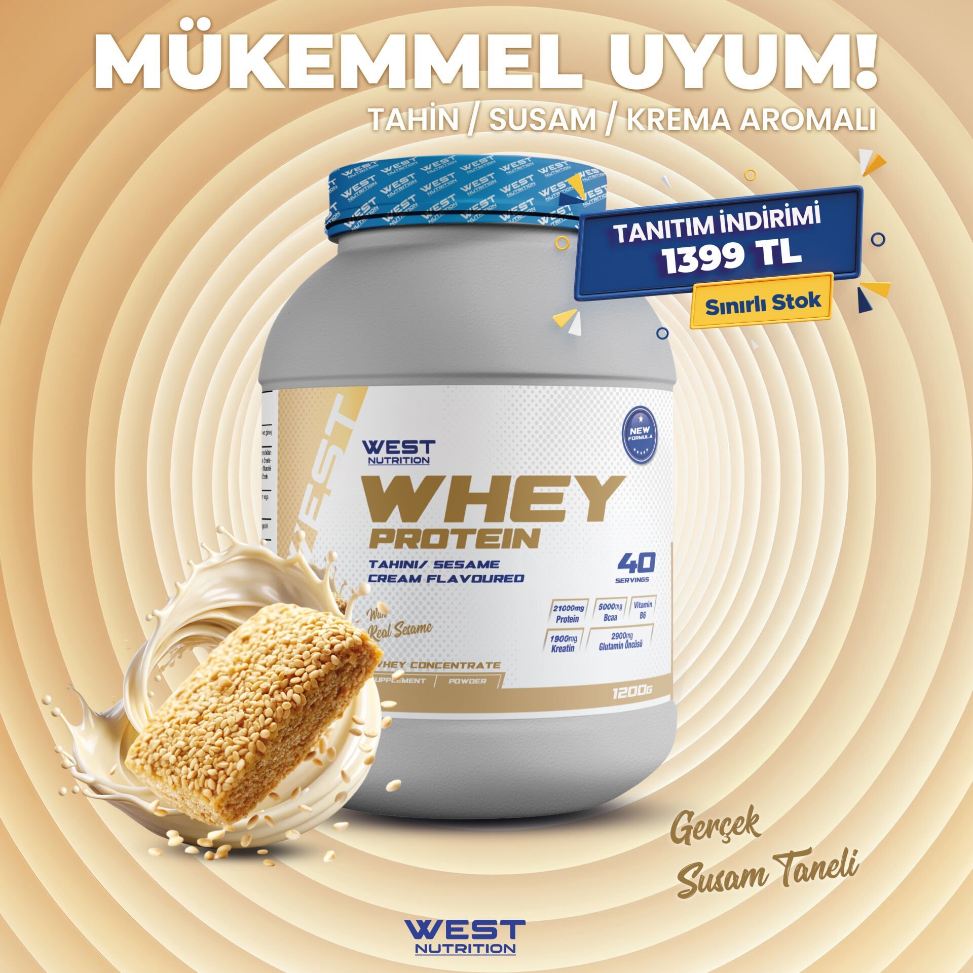 Whey Protein Tozu 1200 gram 40 Servis Tahin Krema Aromalı Susamlı