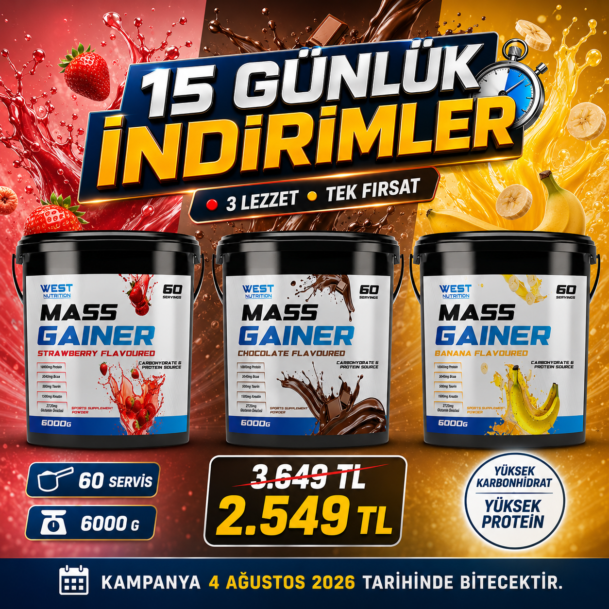 Mass Gainer Karbonhidrat Tozu 6000 gr 60 Servis