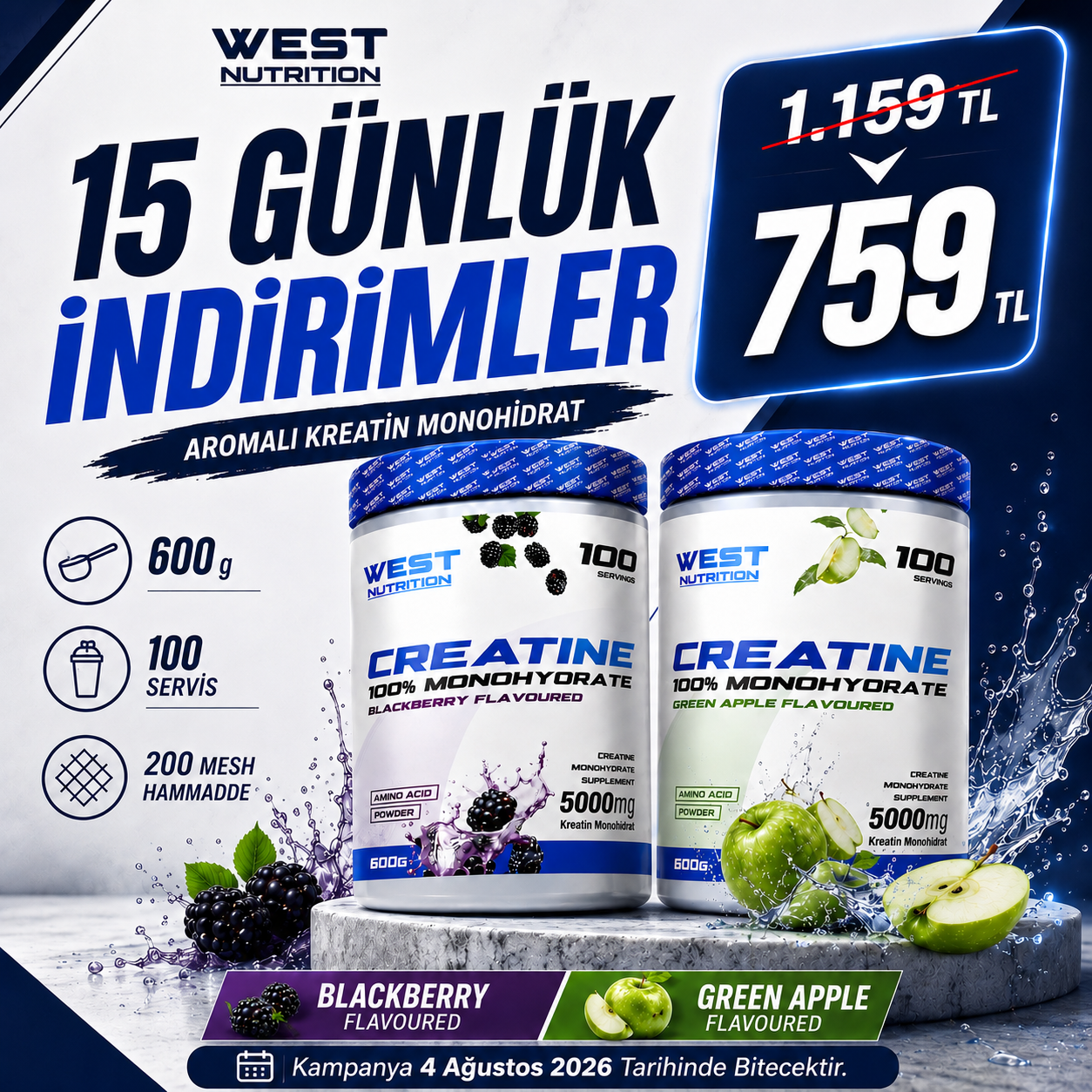 Kreatin Monohdirat 600 gr 100 Servis Aroma Seçenekli