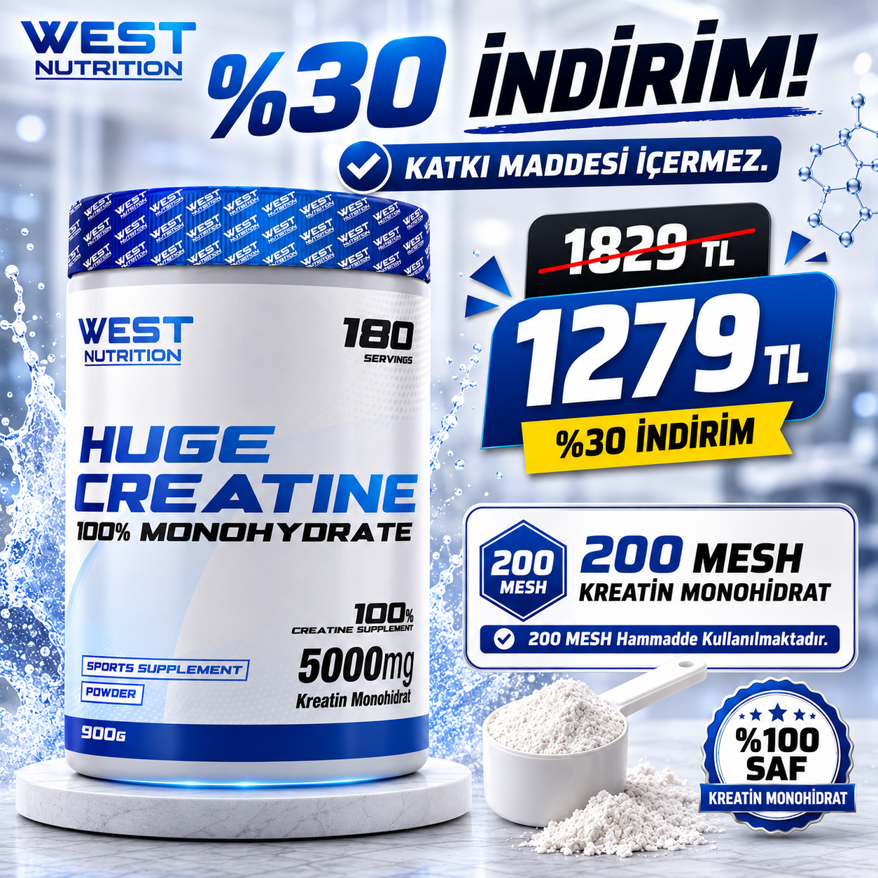 Huge Creatine Kreatin Monohidrat 900 gr 180 Servis Aromasız