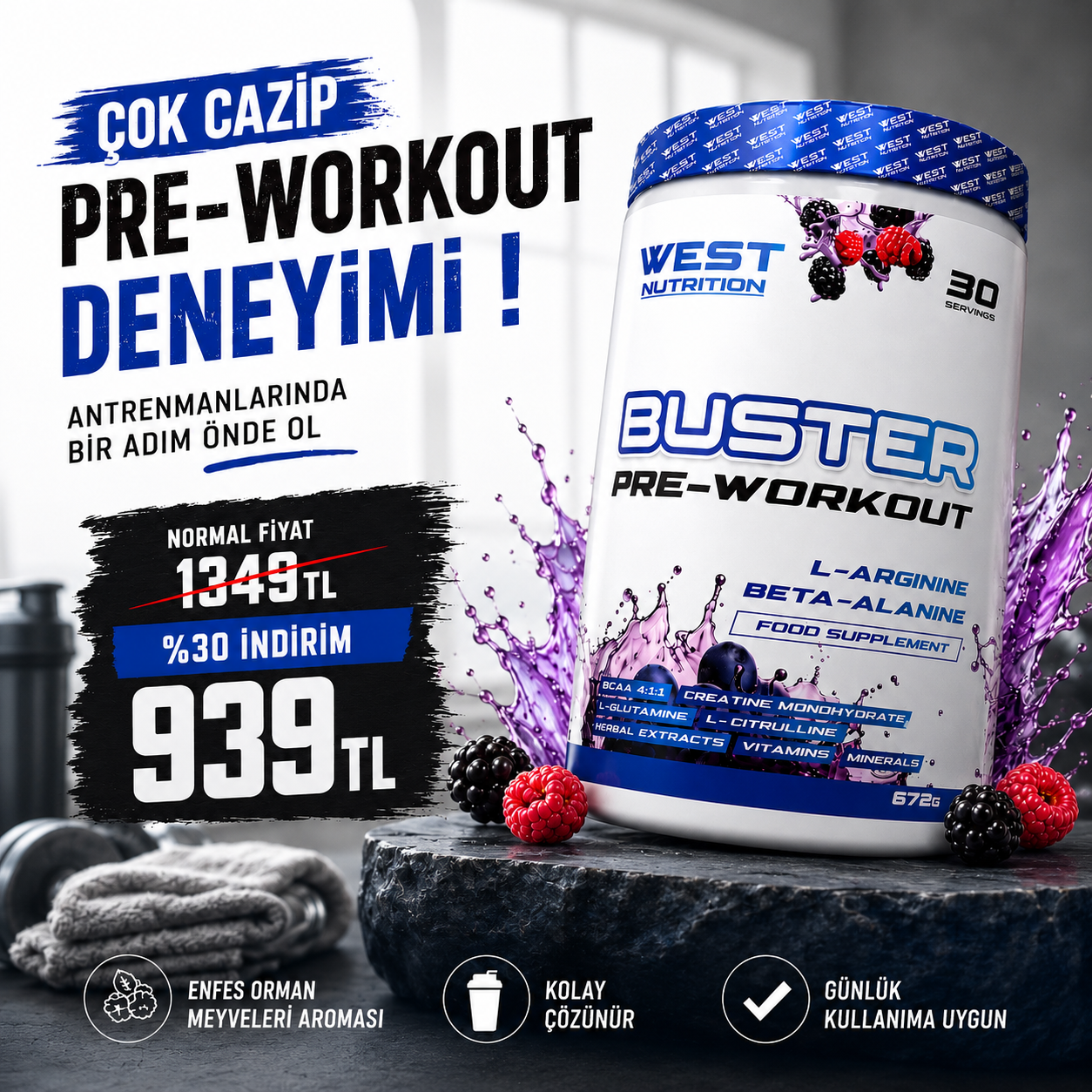 Buster Preworkout L-Arjinin & Beta- Alanin 30 Servis 672 gram Orman Meyveleri Aroması