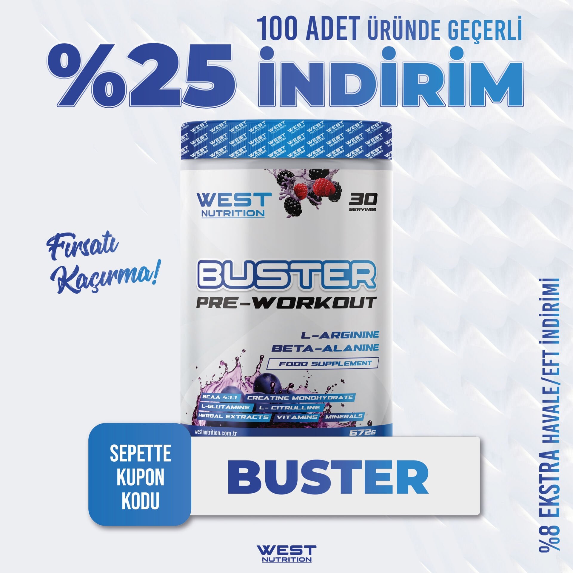 Buster Preworkout L-Arjinin & Beta- Alanin 30 Servis 672 gram Orman Meyveleri Aroması