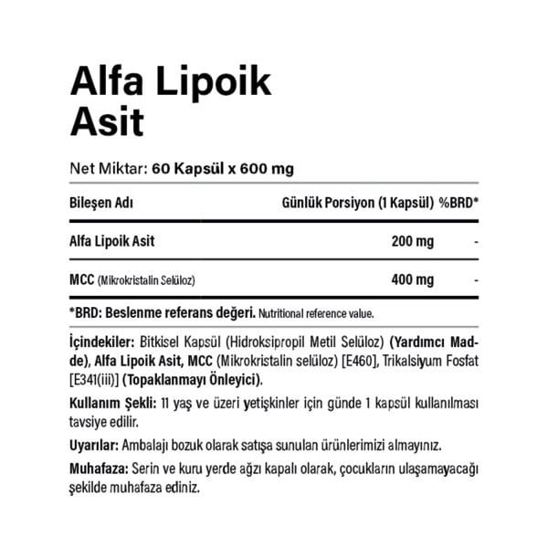 Alpha Lipoic Acid - Alfa Lipoik Asit 200 mg 60 Kapsül