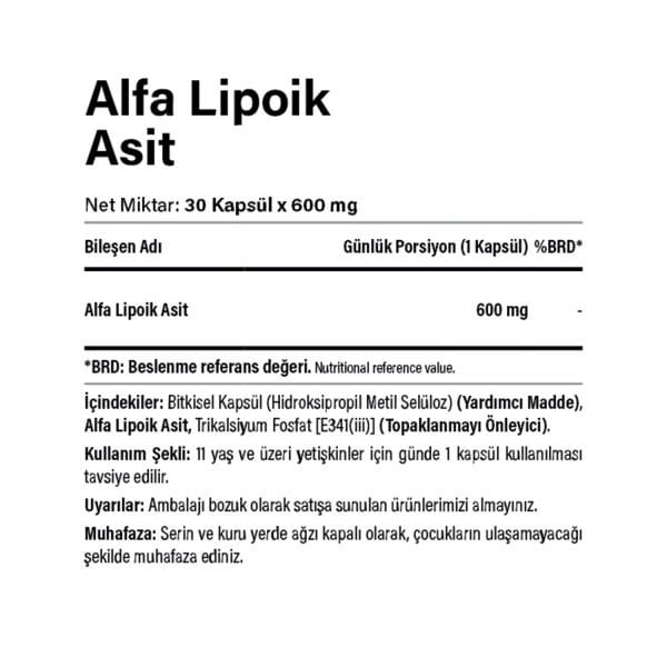 Alpha Lipoic Acid - Alfa Lipoik Asit 600 mg 30 Kapsül