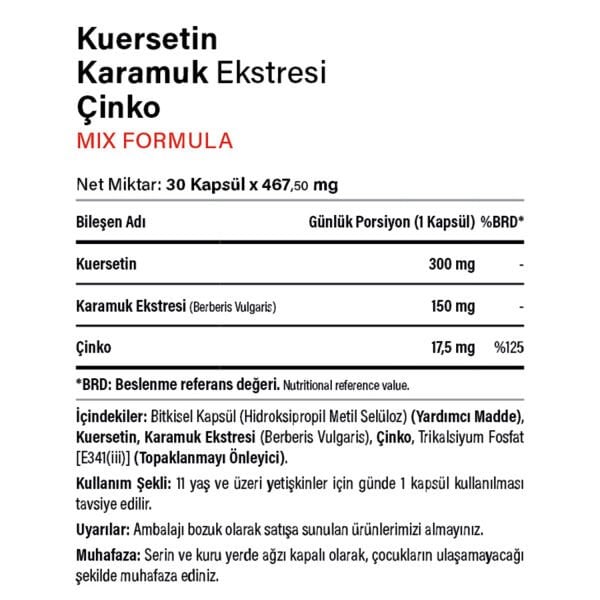 Kuersetin Karamuk Ekstresi (Berberin) Çinko 30 Kapsül