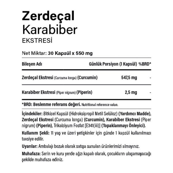 Zerdeçal (Curcumin) Karabiber (Piperin) Ekstresi 30 Kapsül
