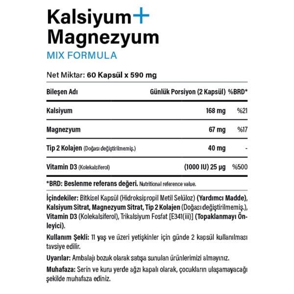 Kalsiyum Magnezyum 60 kapsül-Tip 2 Kolajen-Vitamin D3