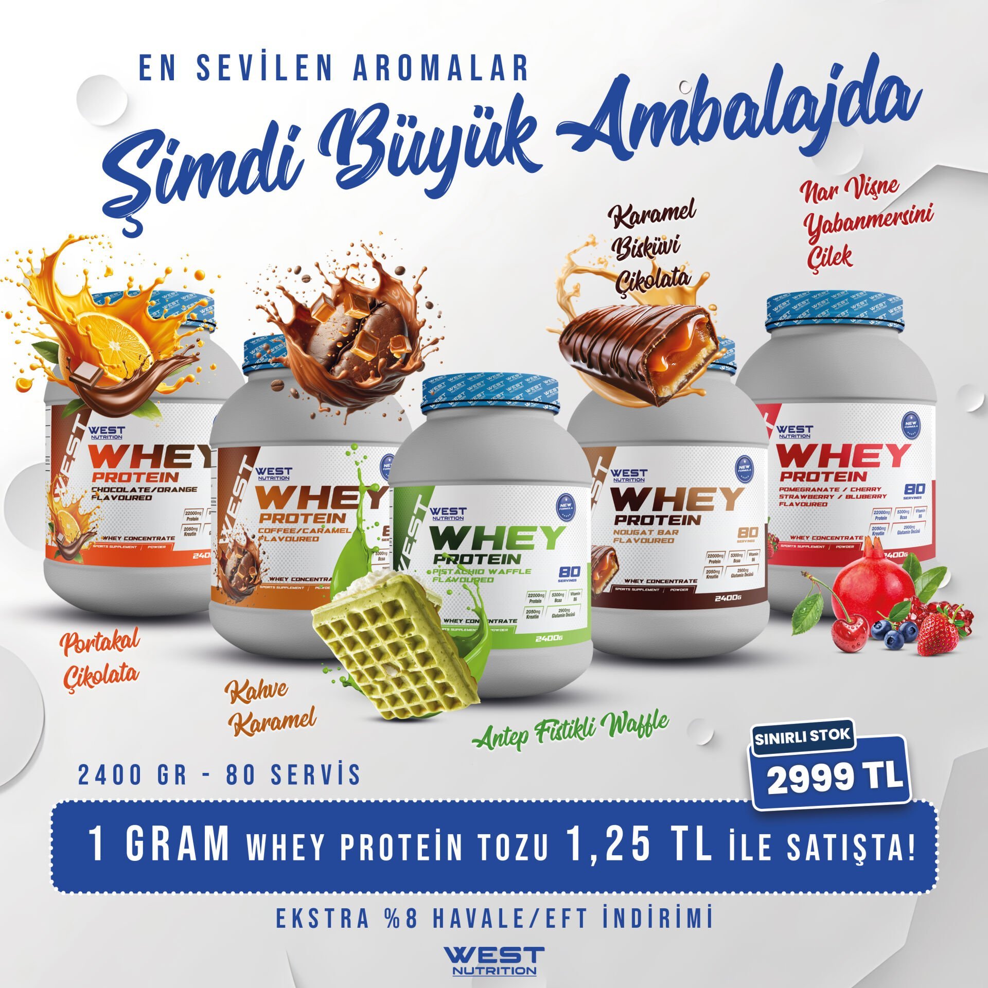 Whey Protein Tozu 2400 gr 80 Servis LANSMAN Gramı 1,25 TL