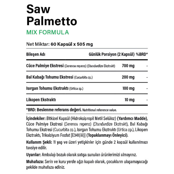 Saw Palmetto Kabak Çekirdeği Isırgan Likopen 60 Kapsül