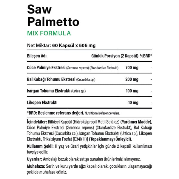 Saw Palmetto Kabak Çekirdeği Isırgan Likopen 60 Kapsül