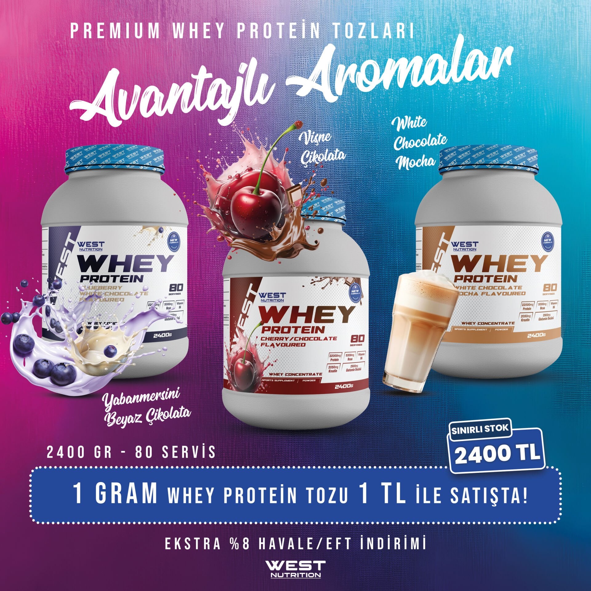 Whey Protein Tozu 2400 gr 80 Servis LANSMAN Gramı 1 TL