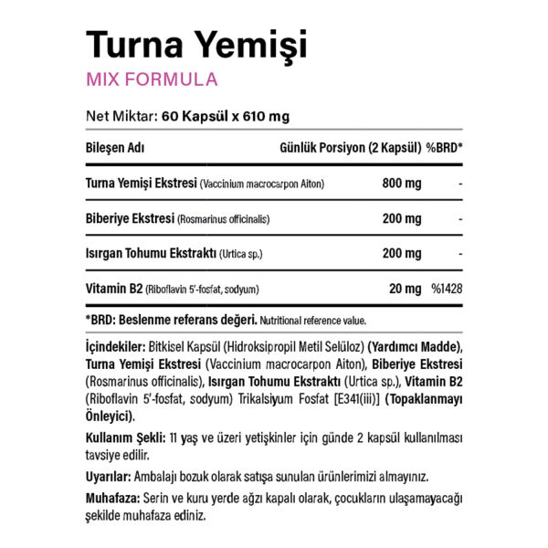 Turna Yemişi, Biberiye, Isırgan Otu, Vitamin B2 60 Kapsül