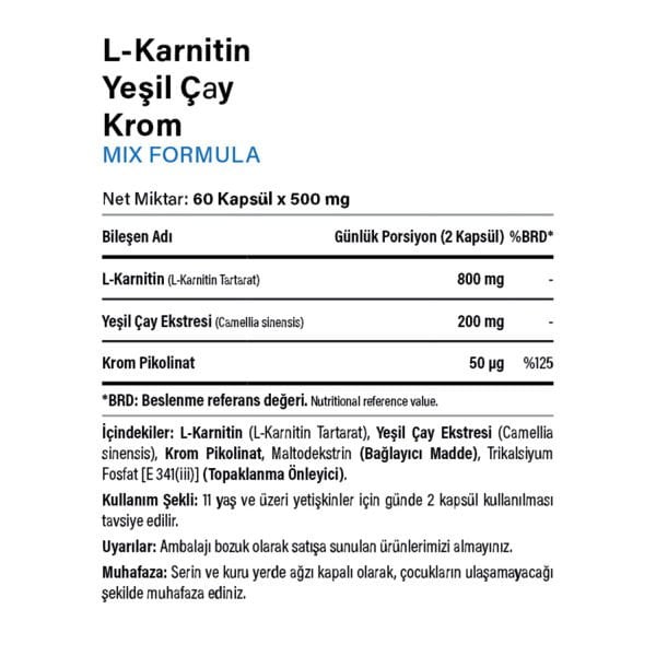 L-Karnitin Yeşil Çay Krom Pikolinat 60 Kapsül