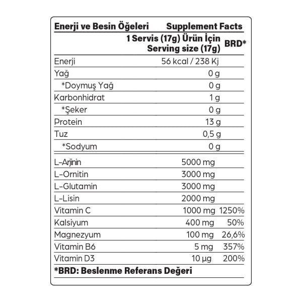 ARGION L-Arjinin L-Ornitin Amino Asit Kompleks 510 gr 30 Servis Limon Aromalı