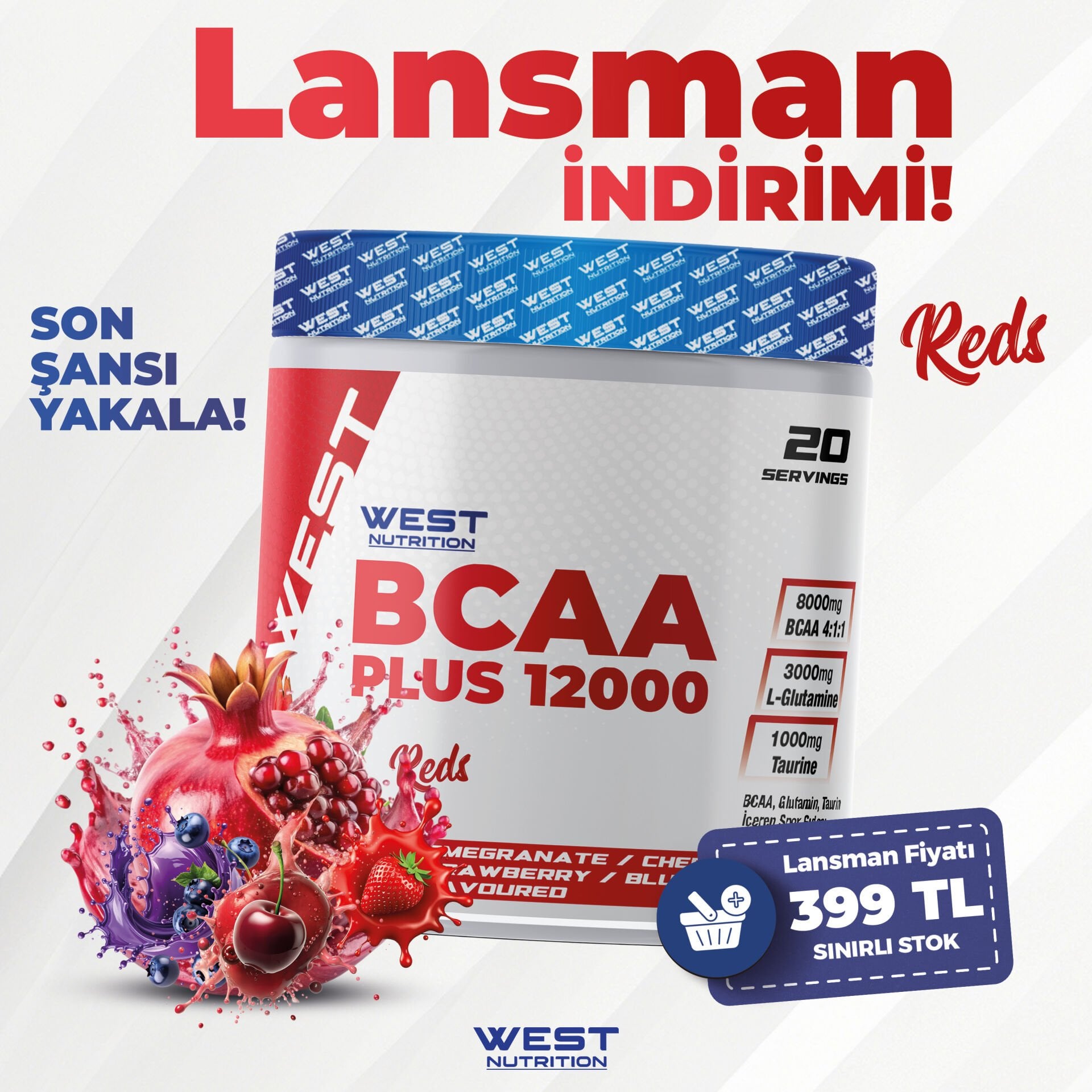 Bcaa Plus 12000 Glutamin Taurin 300 gr (20 Servis) Reds