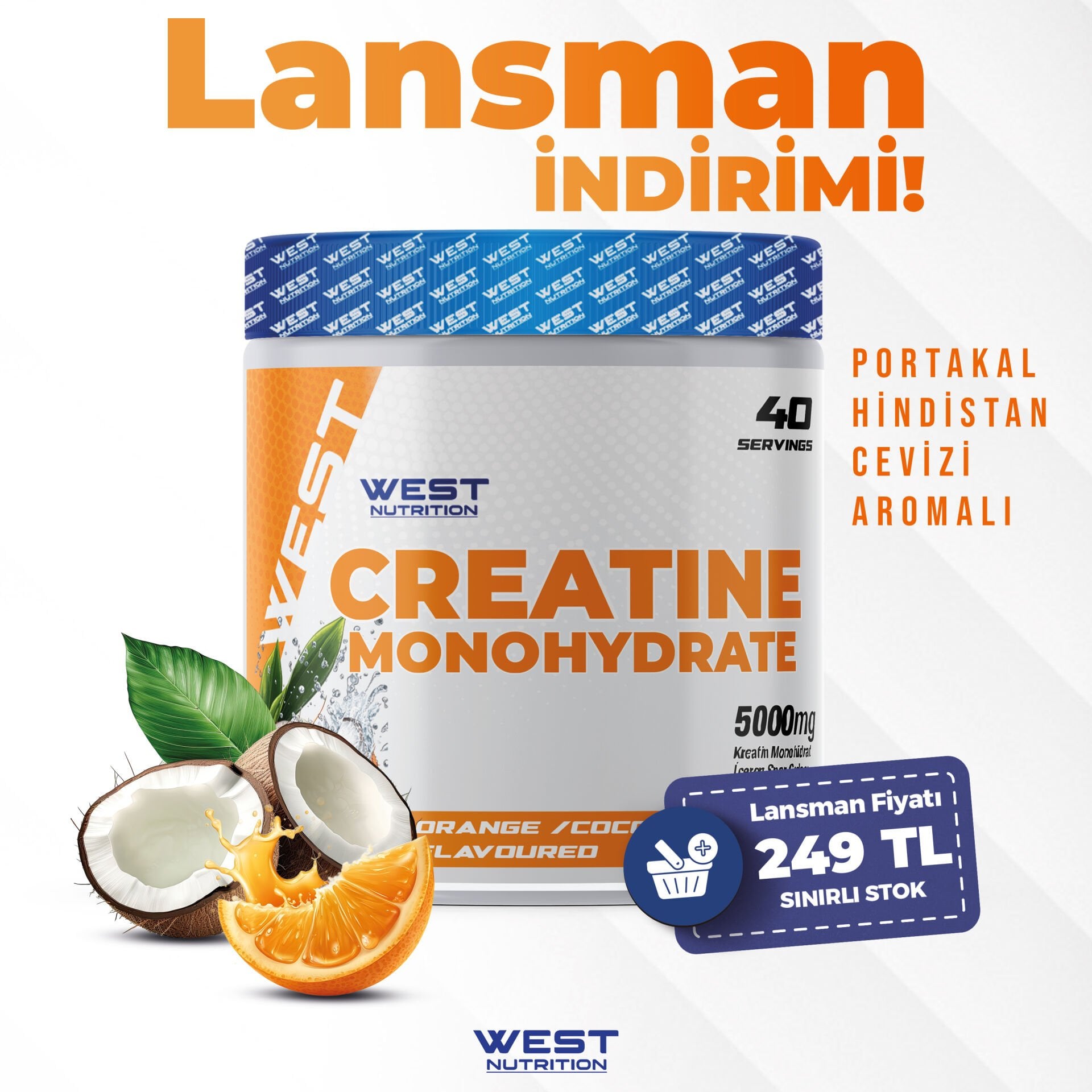 Kreatin Monohidrat 240 gr 40 Servis Portakal&Hindistan Cevizi