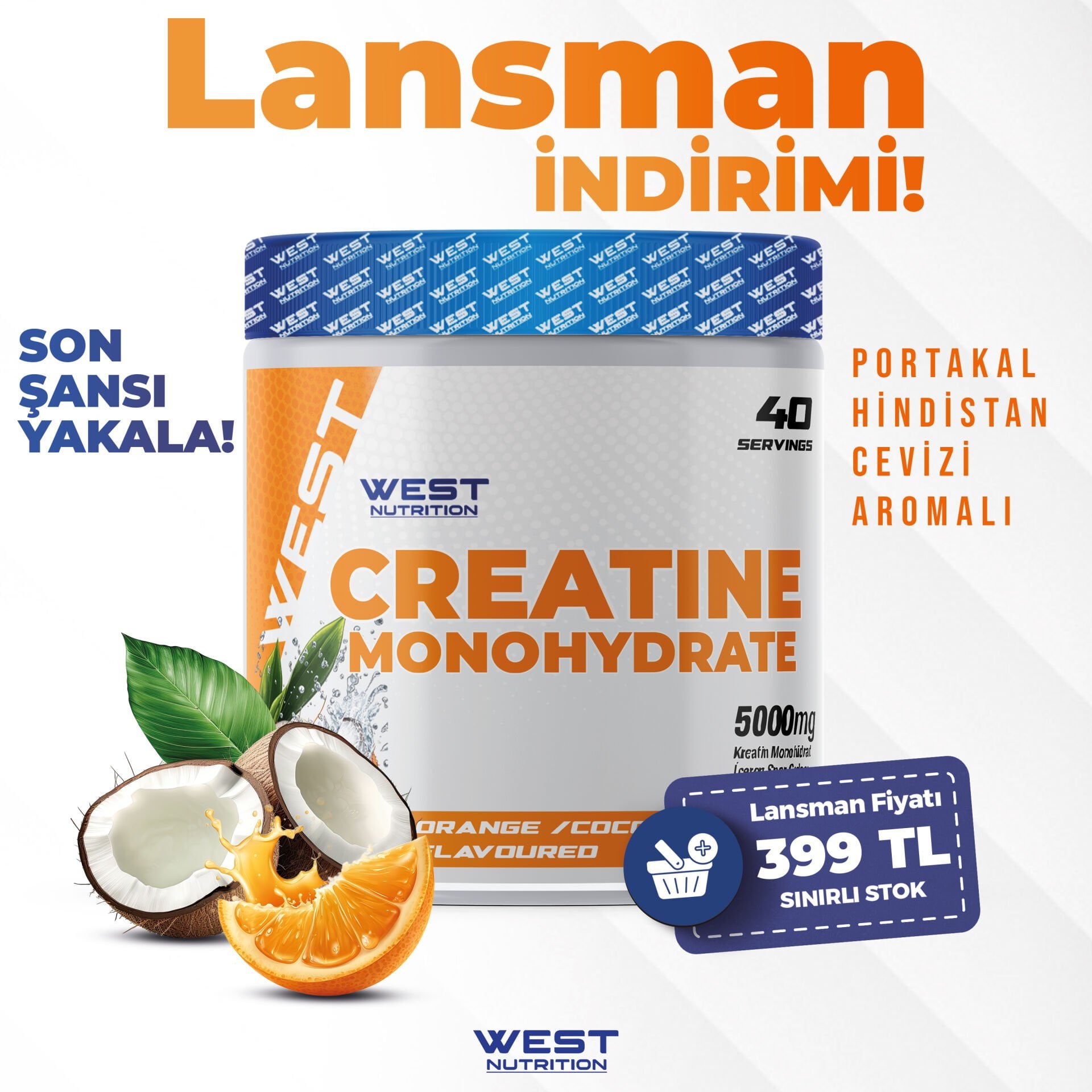Kreatin Monohidrat 240 gr 40 Servis Portakal&Hindistan Cevizi