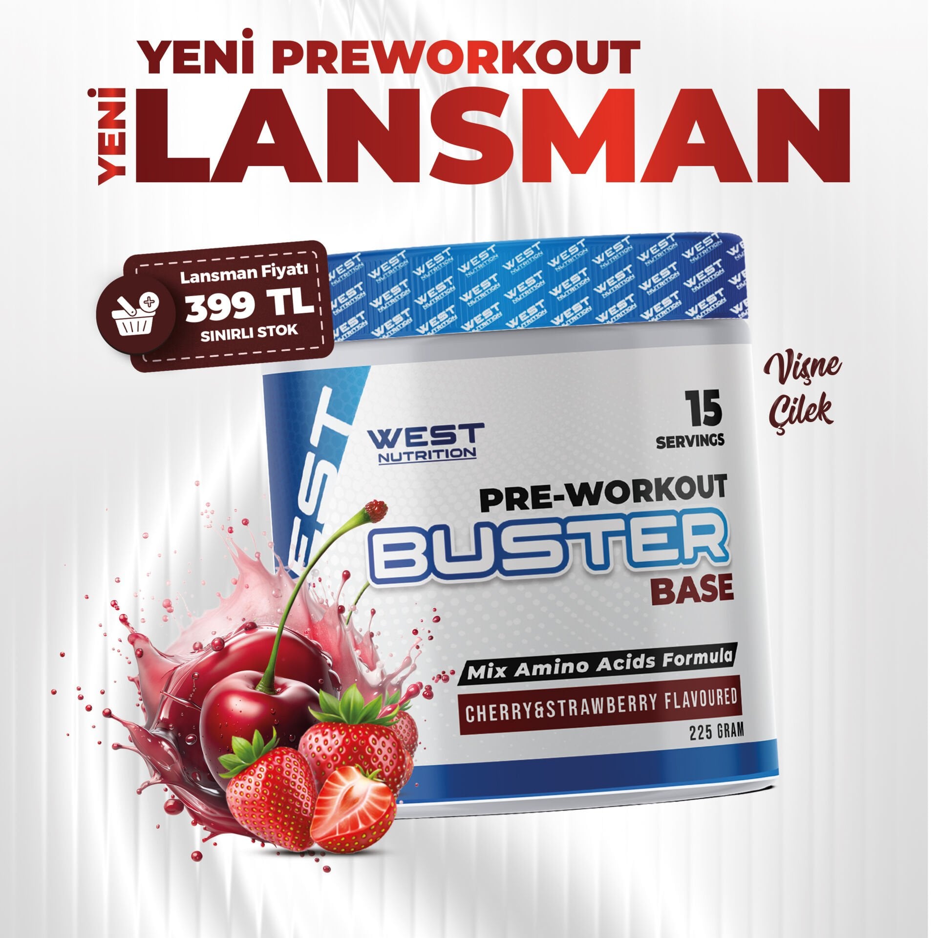 Buster Base Preworkout 225 gr 15 Servis Vişne&Çilek