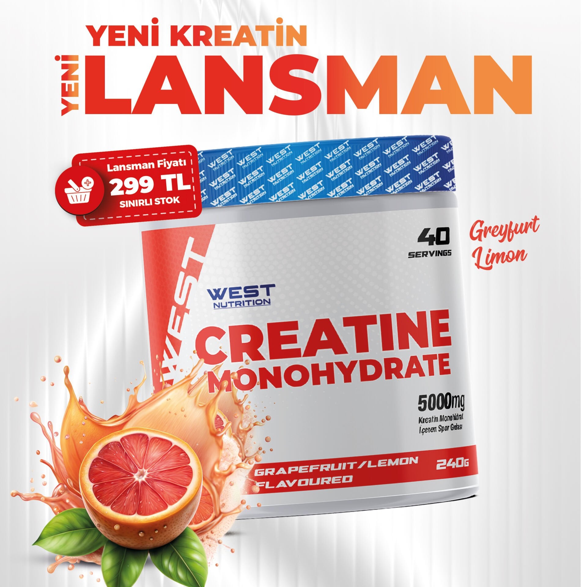 Kreatin Monohidrat 240 gr 40 Servis Greyfurt&Limon