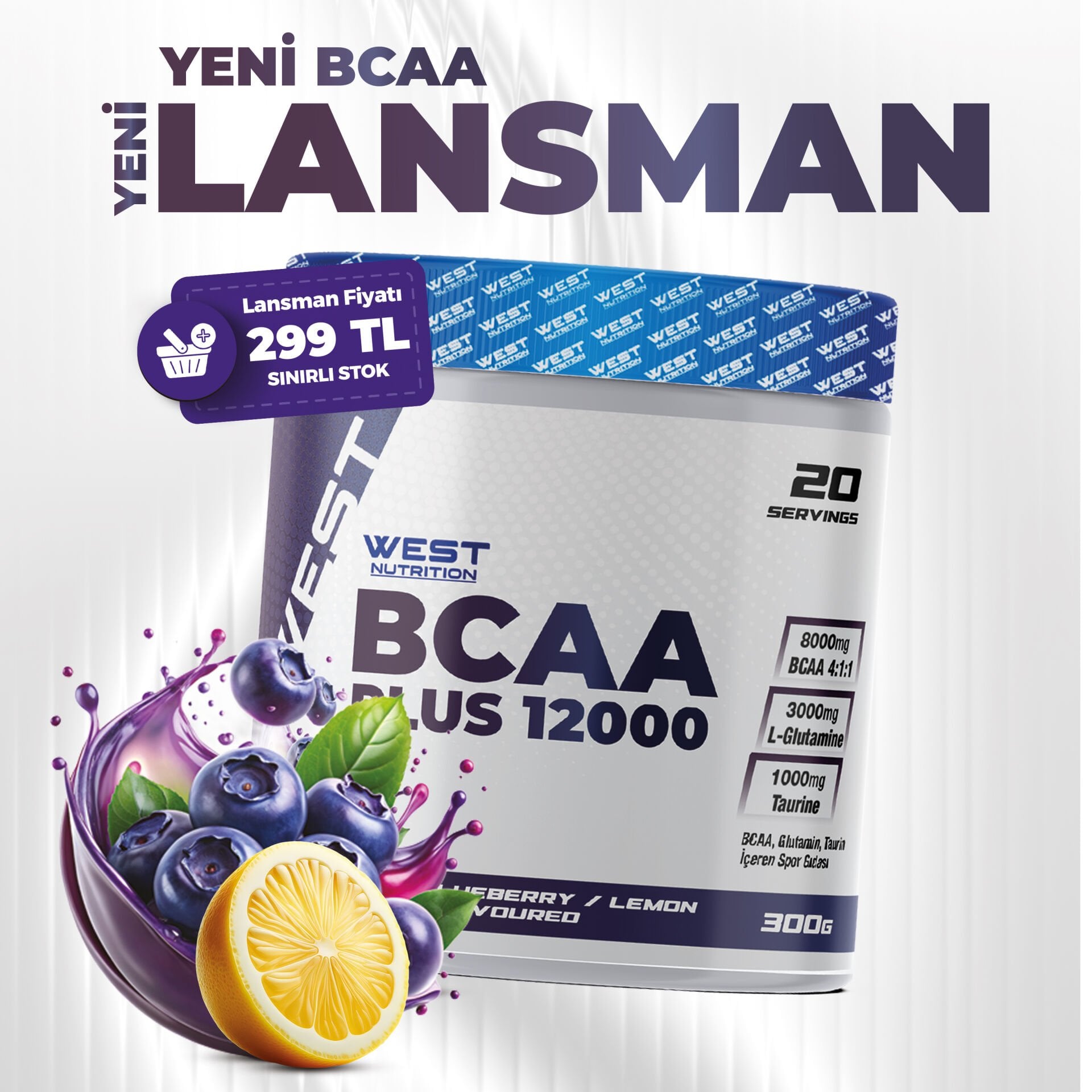 Bcaa Plus 12000 Glutamin Taurin 300 gr (20 Servis) Yabanmersini&Limon