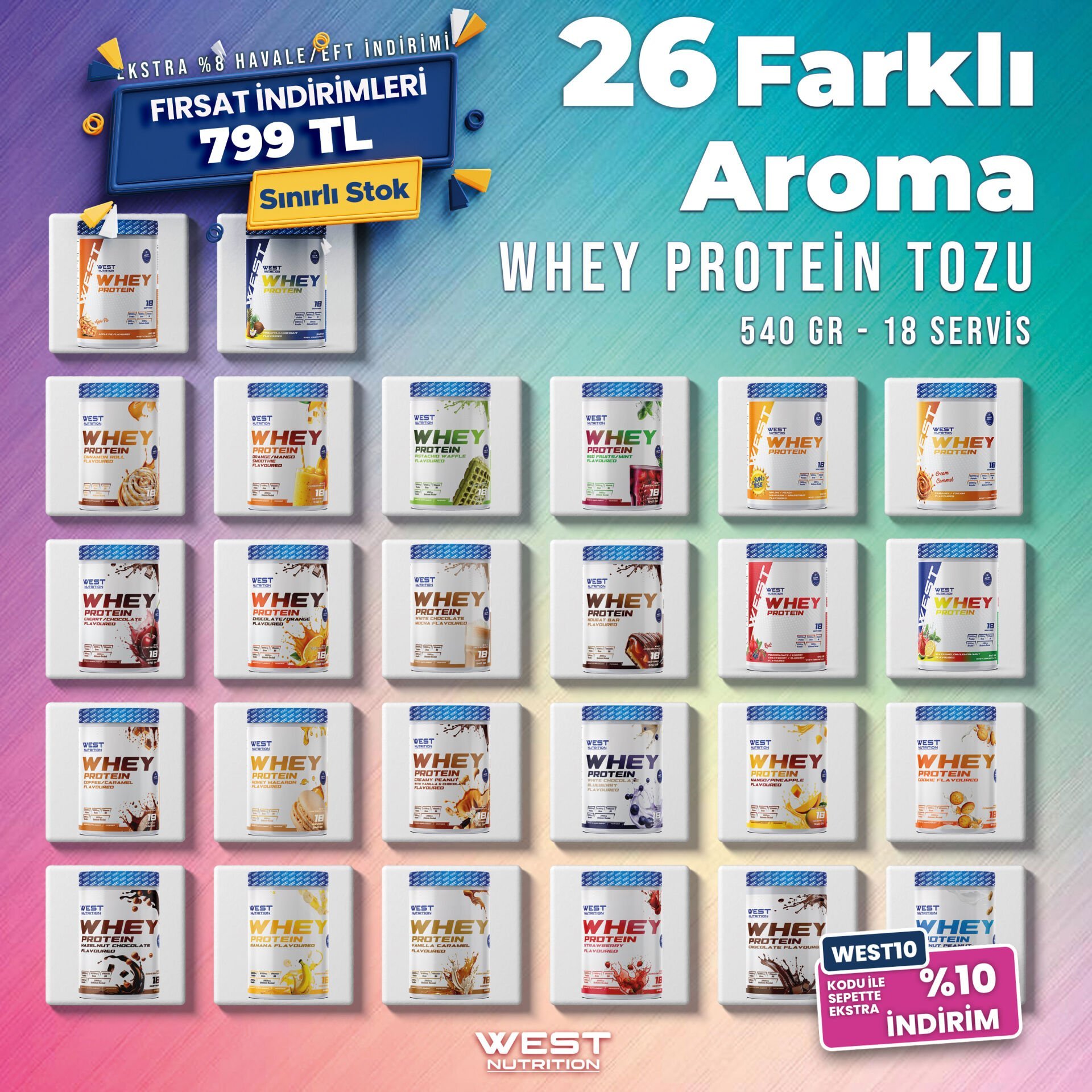 Whey Protein Tozu 540 gr 18 Servis Efsane Aromalar Fırsat