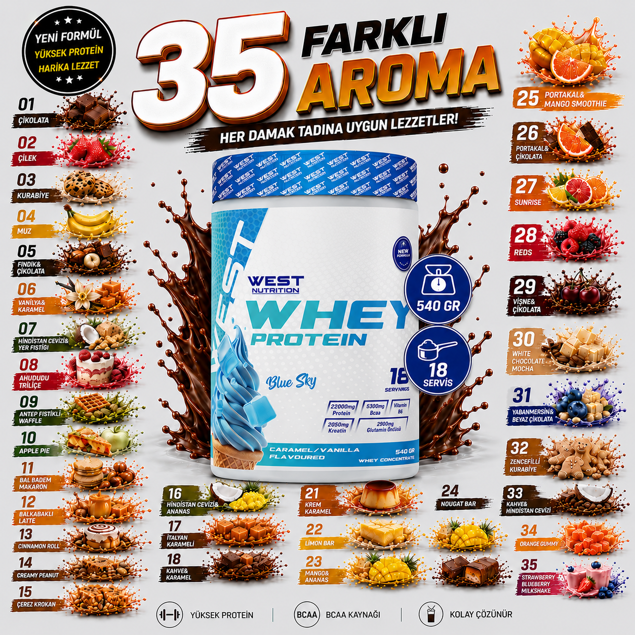 Whey Protein Tozu 540 gr 18 Servis Efsane Aromalar Fırsat